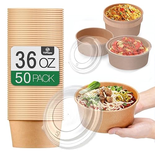 TOPtoper 36Oz 50Pcs Large Paper Bowls with Lids  Disposable Soup Serving Bowls Bulk Party Supplies for Hot/Cold Food  Soup (36 OZ)