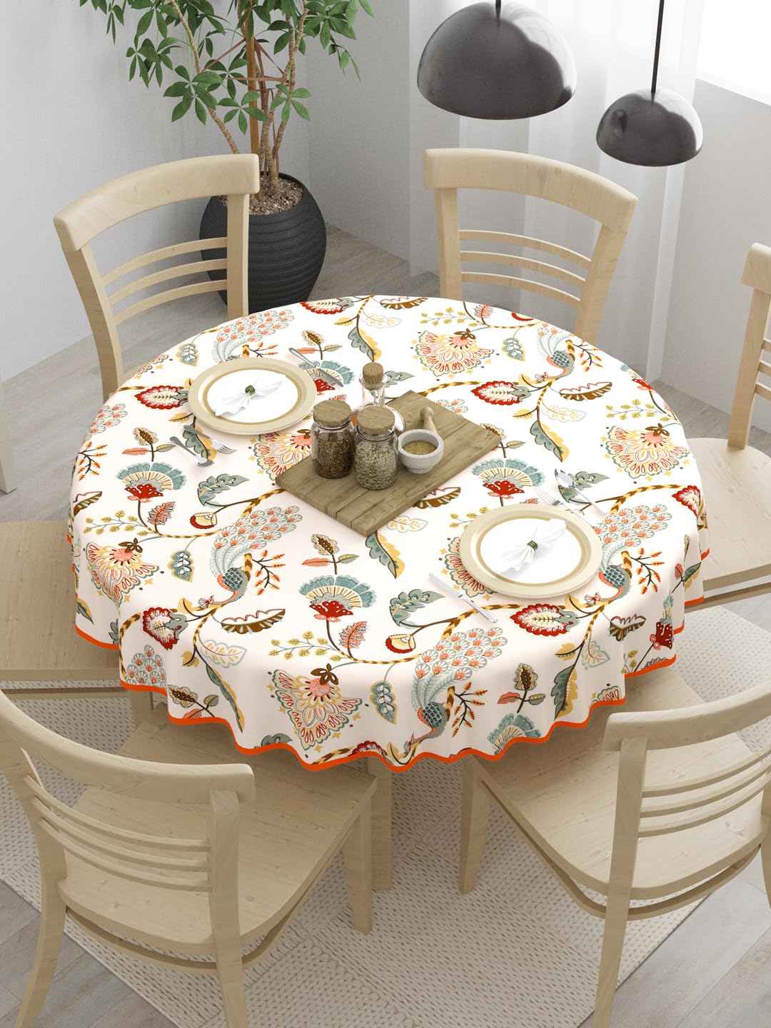 Clasiko 100% Cotton 6 Seater Round Table Cover; 72x72 Inches; Multicolor Peacock