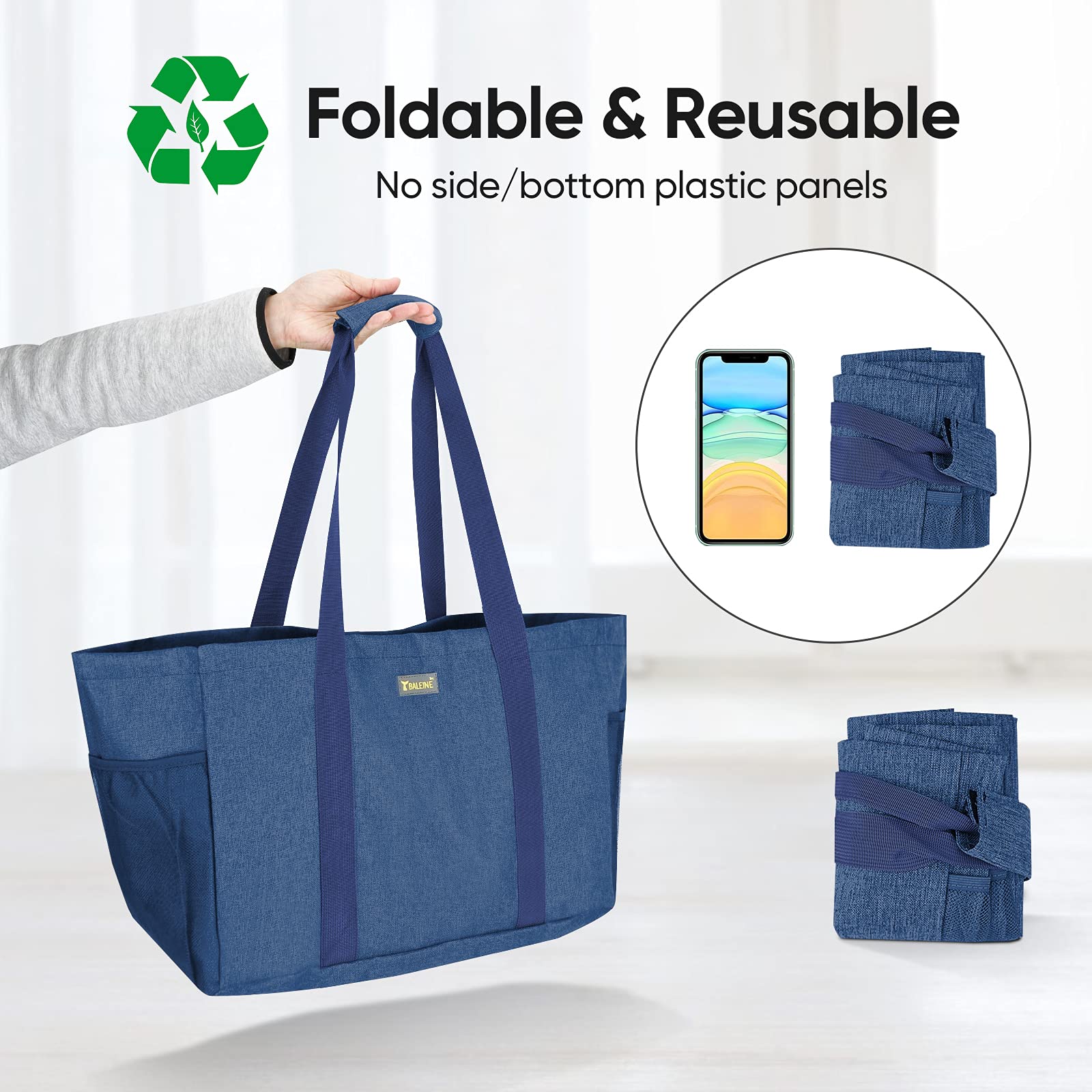 Baleine Soft 9 Gallon Extra Large Utility Tote, Foldable Reusable Storage Bag (Denim Blue)