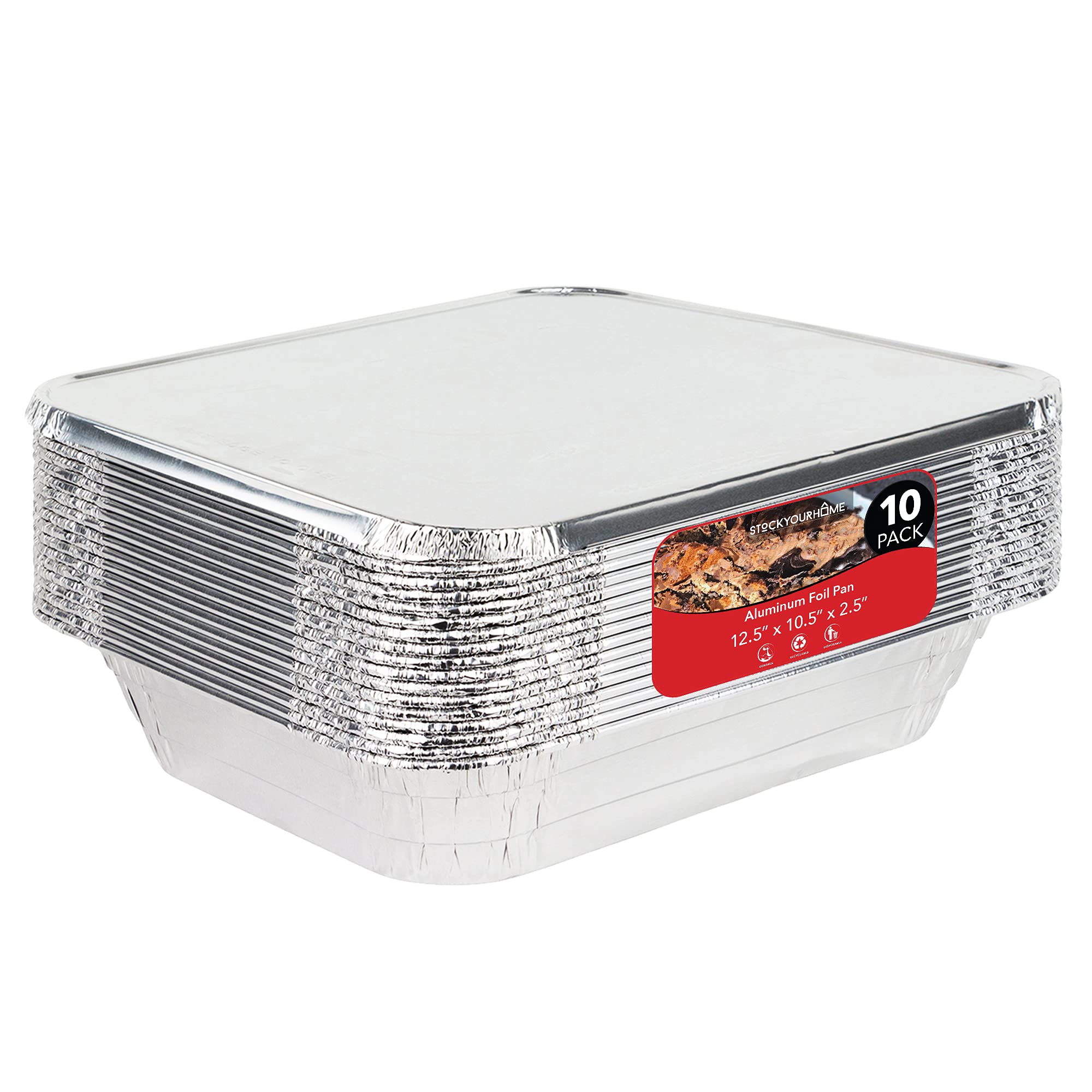 Stock Your Home 9X13 Pans With Lids (10 Pack) - Aluminum Foil Pans With Lids - Disposable Foil Tray - Half Size Steam Table Deep
