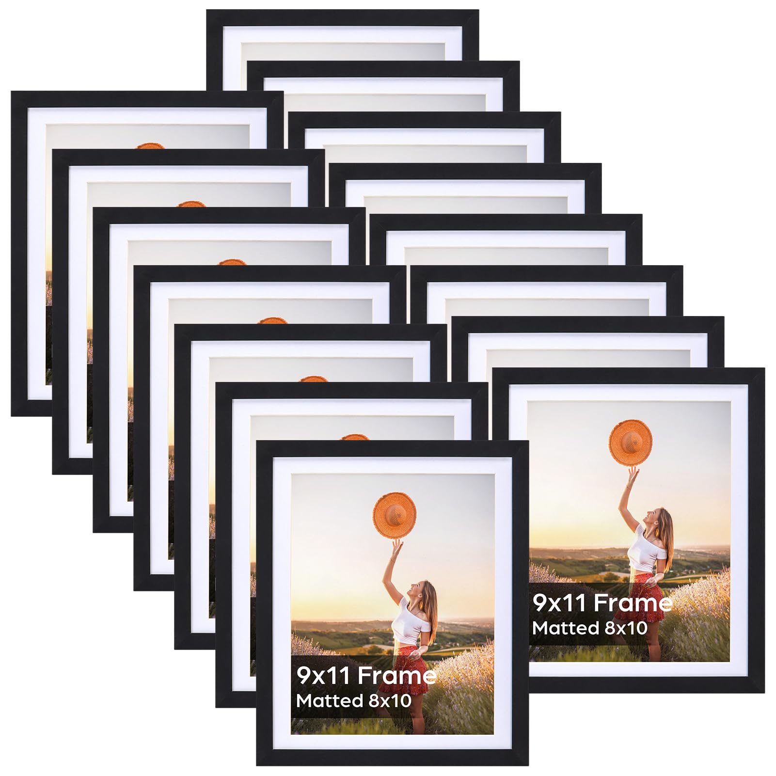 Lyeasw 8x10 Picture Frame Black Set of 15, Display Pictures 8x10 with Mat or 9x11 without Mat, Multi Photo Frames for Wall or Ta