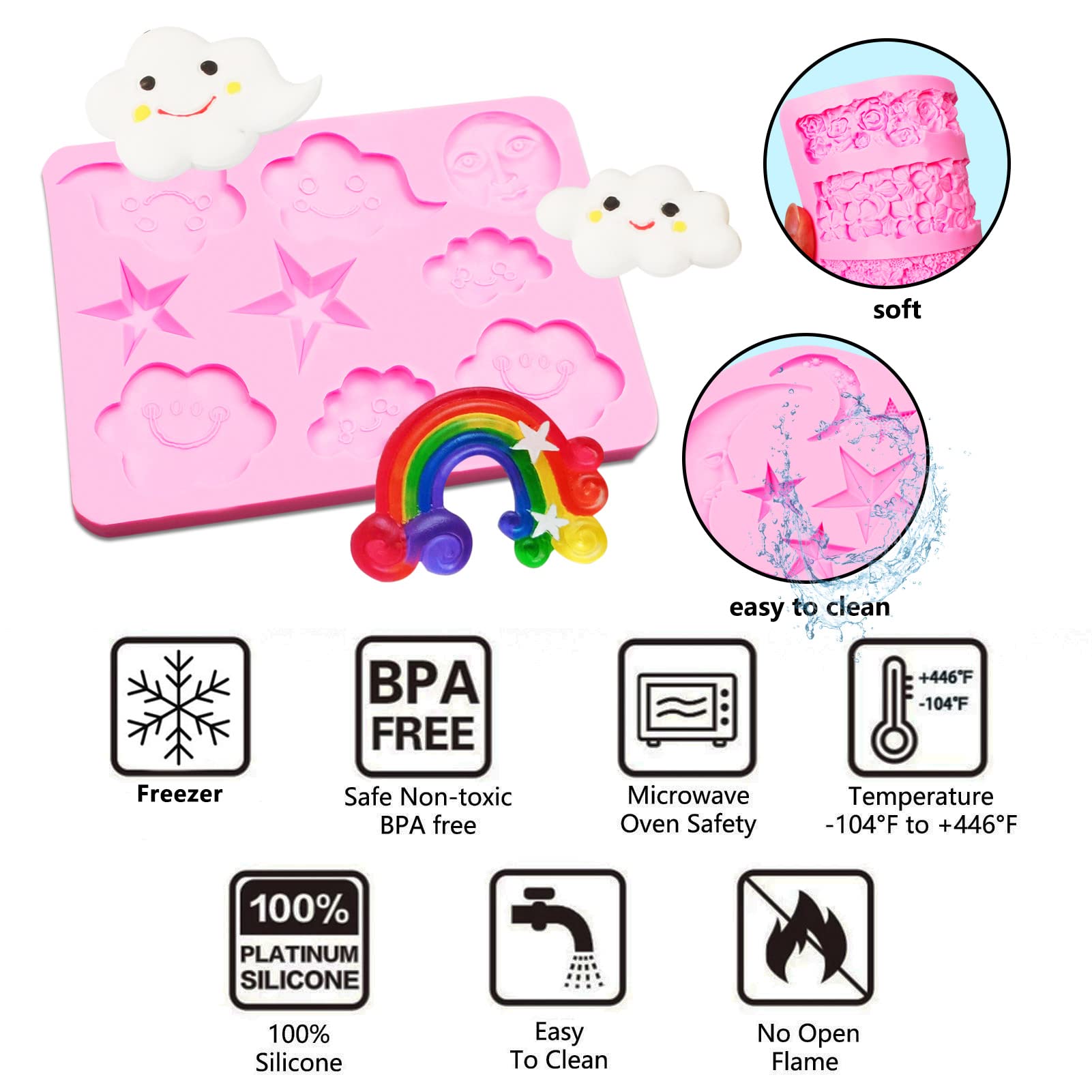 Muyulin Moon Star Chocolate Silicone Molds, 3 Packs Rainbow Fondant Molds For Cake Decoration, Baby Birthday Party Cupcake Toppe