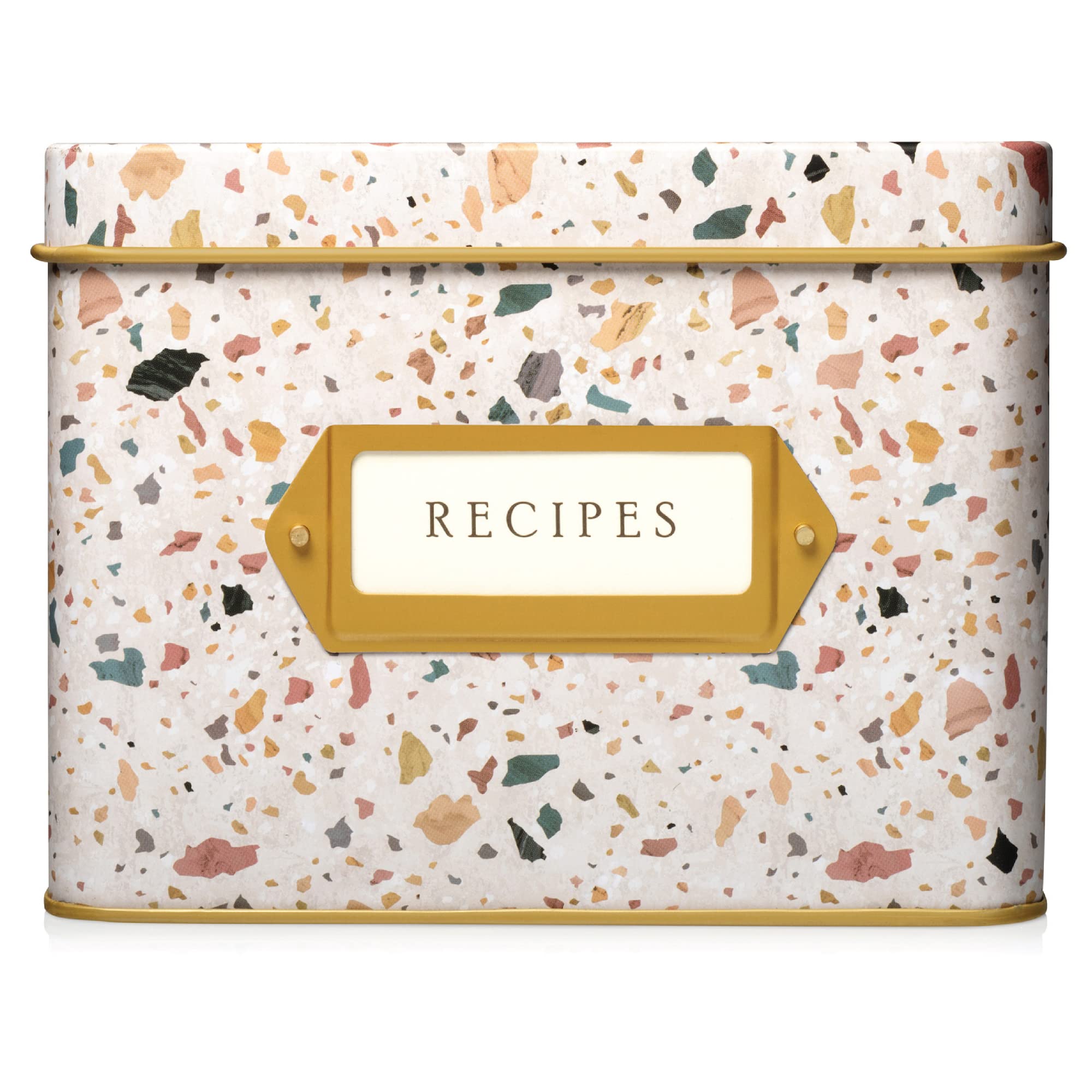 Jot & Mark Decorative Recipe Tin Box For Recipe Cards, Greeting Card Holder | Holds Hundreds Of 4    X 6    Cards (Terrazzo)