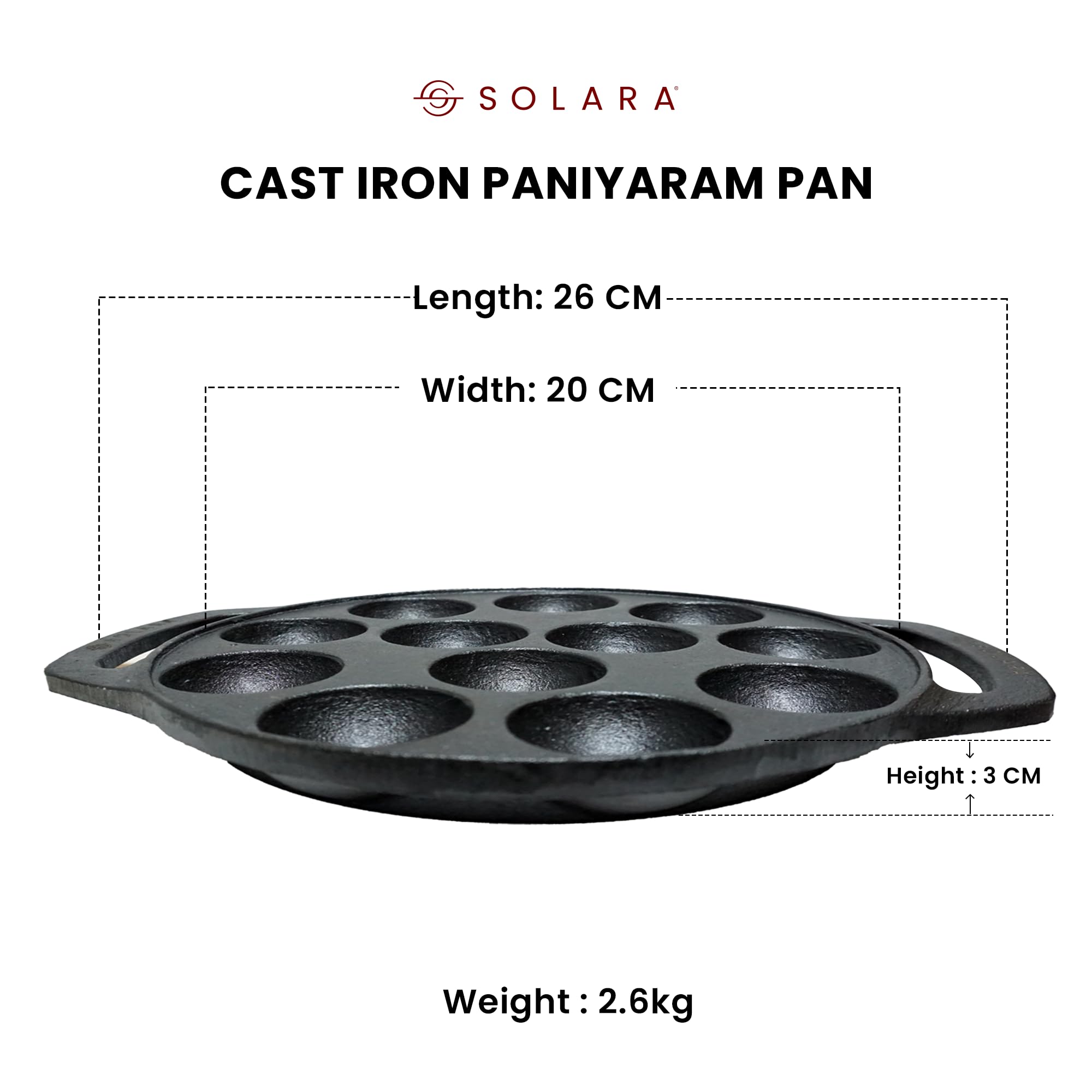 SOLARA Pre Seasoned Cast Iron Paniyaram Pan 12 Cavities 8 Inch, 20 cm Appam Patra, Paniyarakkal Pan for Appe, Gunta Ponganalu, P