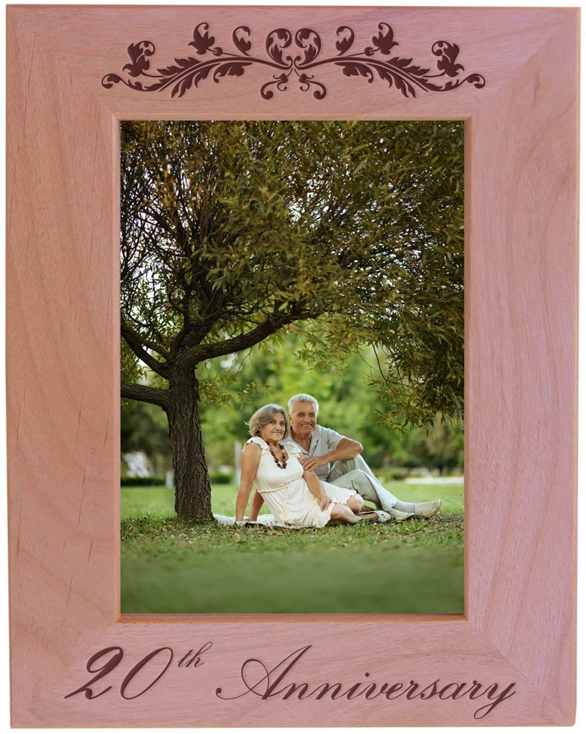 CustomGiftsNow 20th Anniversary - Engraved Natural Alder Wood Tabletop/Hanging Wooden Wedding Picture Frame (4x6-inch Vertical)
