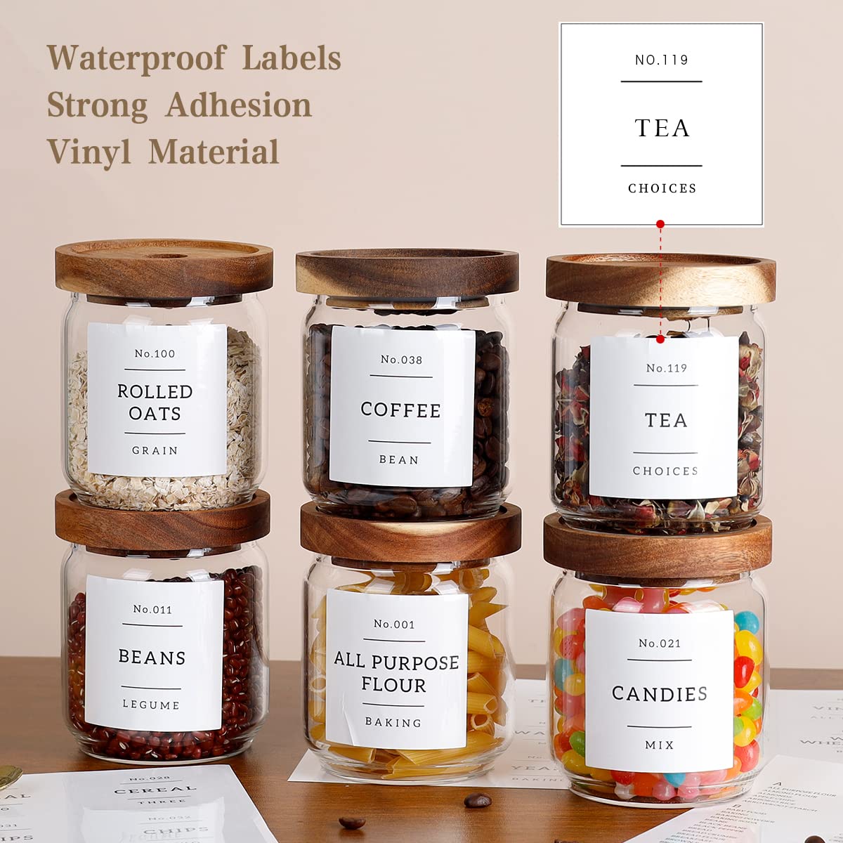 16 Oz Stackable Glass Food Storage Jars With 132 Pantry Labels Preprinted - 6 Pcs Thicken Glass Storage Containers With Airtight