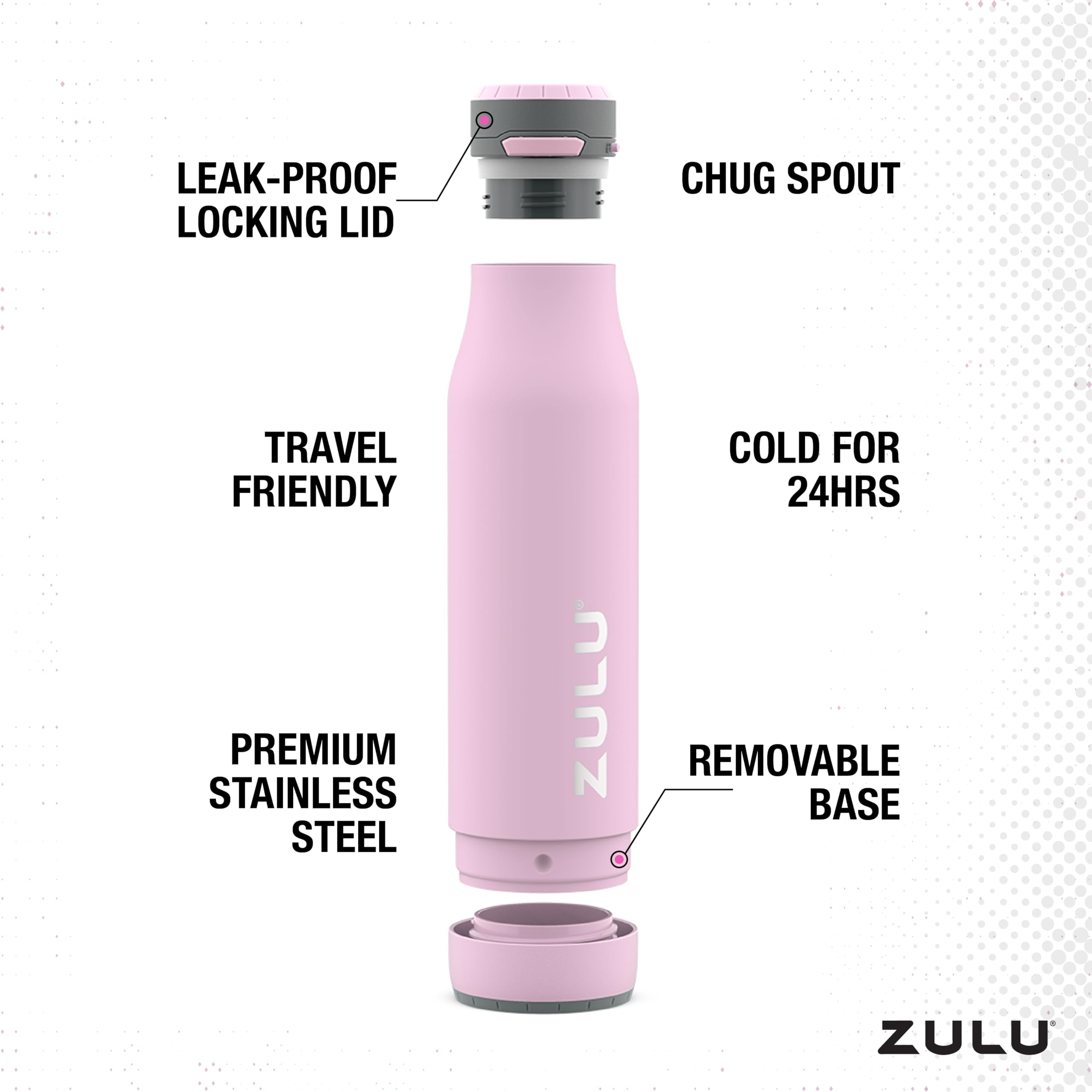 ZULU Ace 24oz Vacuum Insulated Stainless Steel Water Bottle with Chug Spout  Leak-Proof Locking Lid and Removable Base  Metal Reusable Bottle for Sports Gym Travel  Pink Cashmere