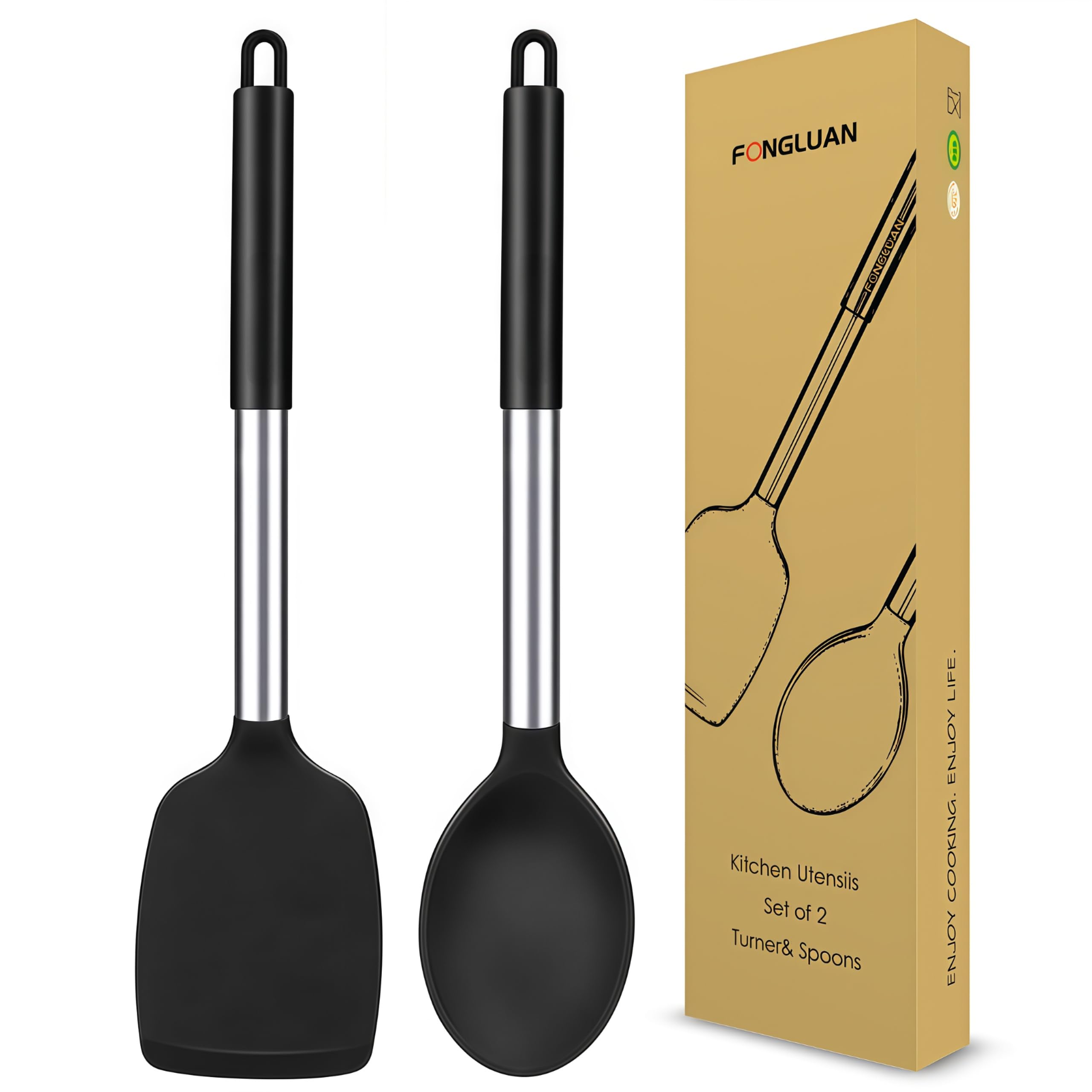 Fongluan Kitchen Utensils Set Of 2, Silicone Cooking Utensils, Turner/Spatula, Spoons  Heat Resistant, Nonstick Cookware, Dishw