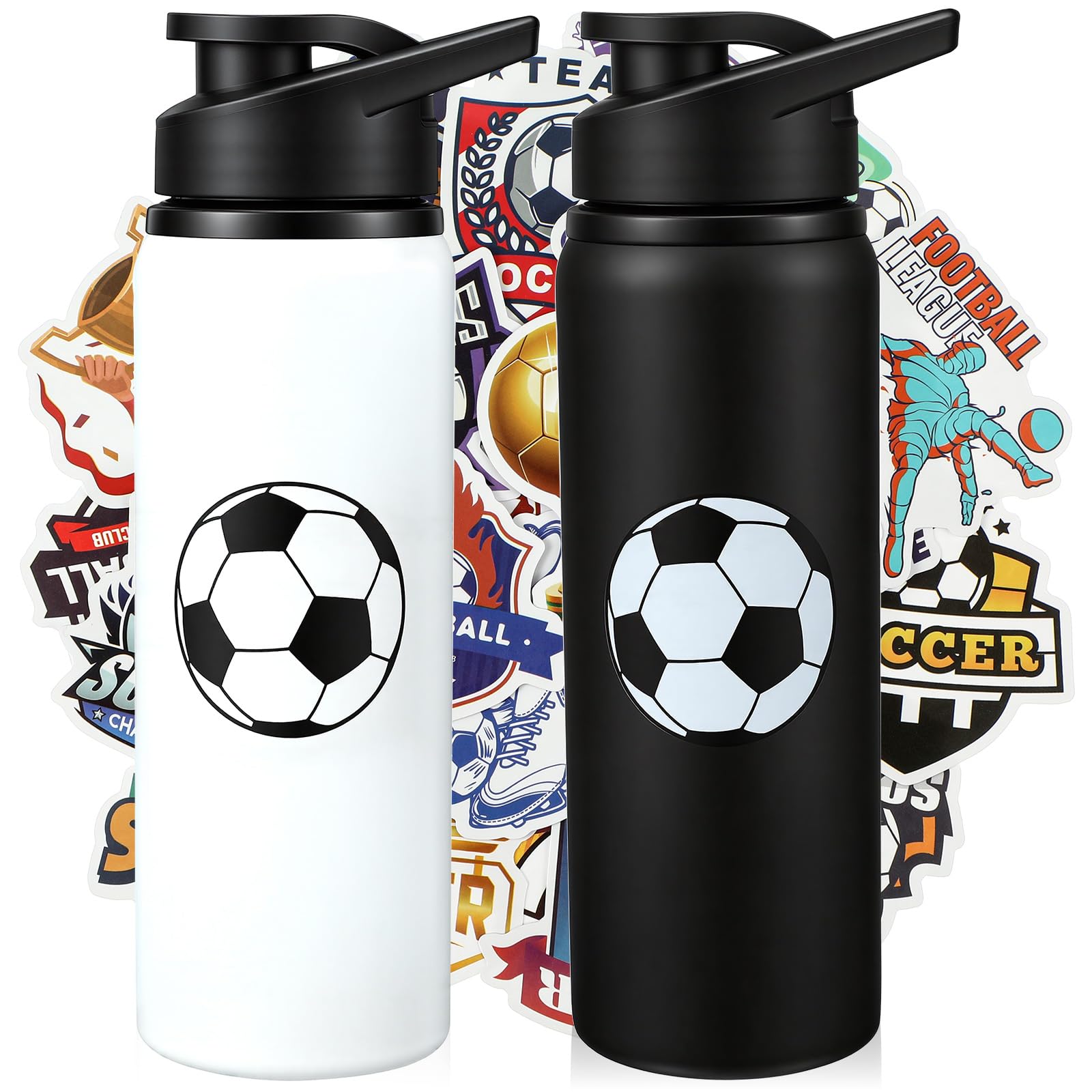Ceenna 2 Pcs 24 oz Soccer Water Bottle with 50 Stickers, Stainless Steel Insulated Travel Tumbler Soccer Gifts for Team Sports F