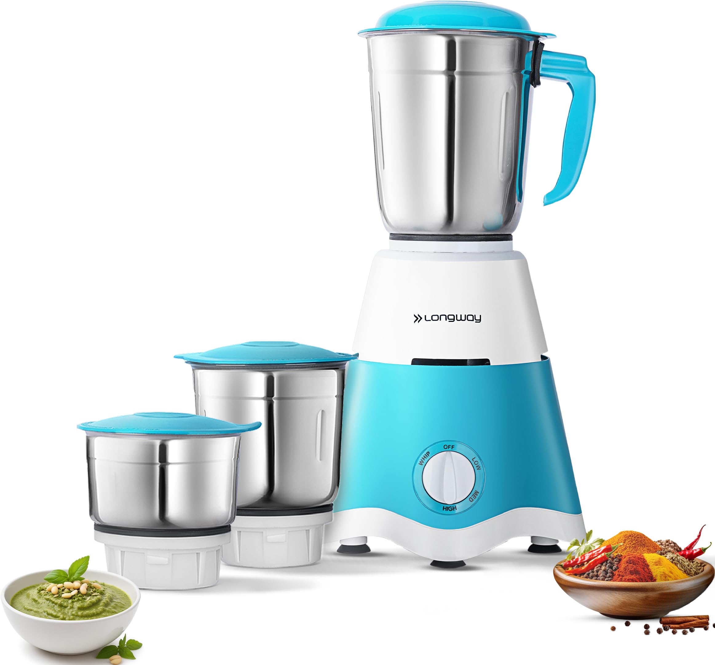 Longway Super Dlx Mixer Grinder | Up To 700 Watt Powerful Motor | 3 Jars For Grinding, Mixing, Juicing | 2 Year Warranty (Blue &