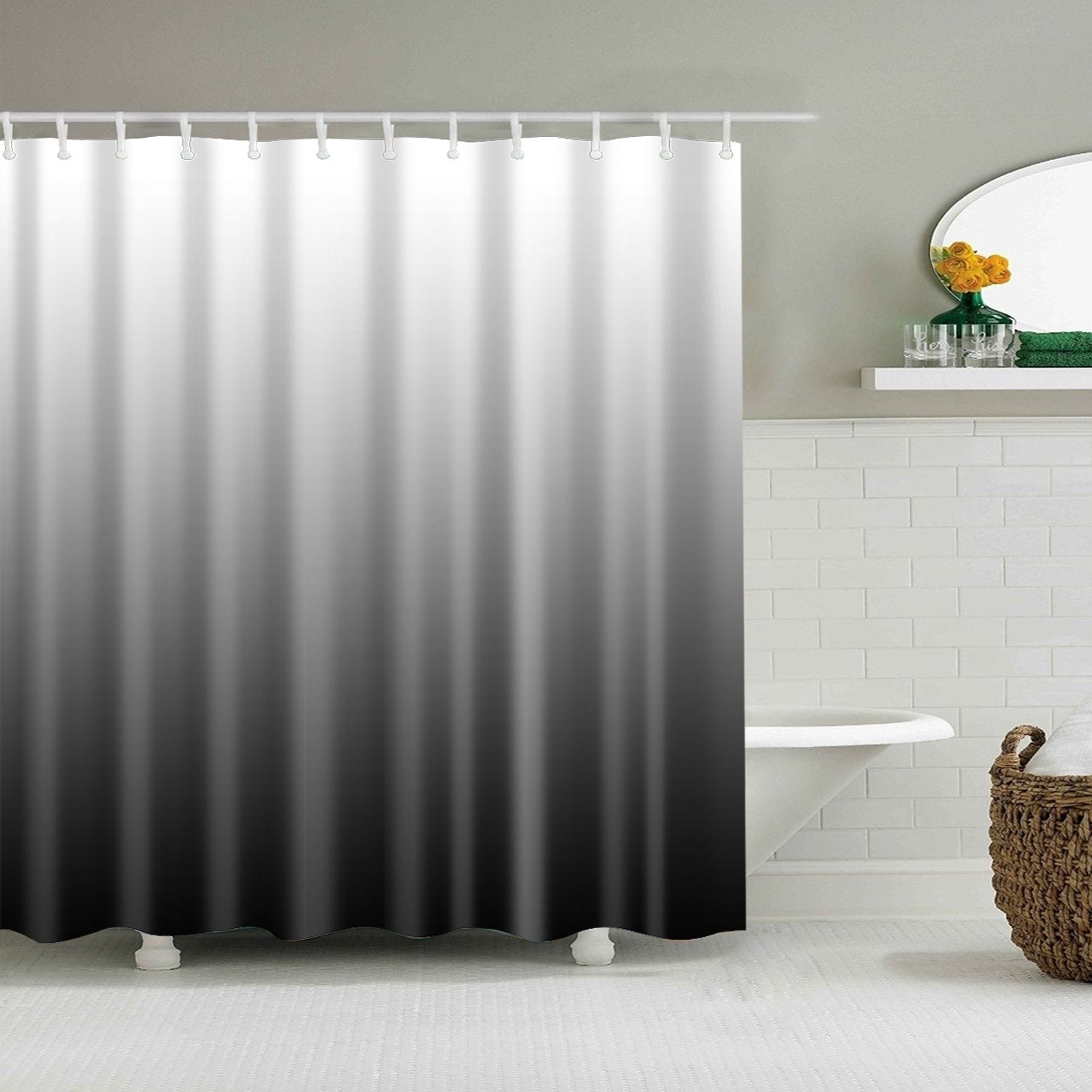 Songshenjian Black Shower Curtain Gradual Color Design Fabric With 12 Hooks Ombre Shower Curtain Gradual Black For Bathroom Wate