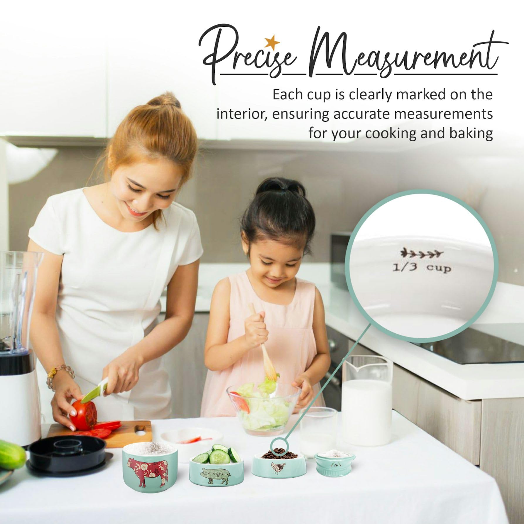 Pavilion Gift Company - 'Live Simply Bee, Chicken, Pig, And Cow' - 4-Piece Stoneware Measuring Cups Set, Sturdy Farmhouse-Style