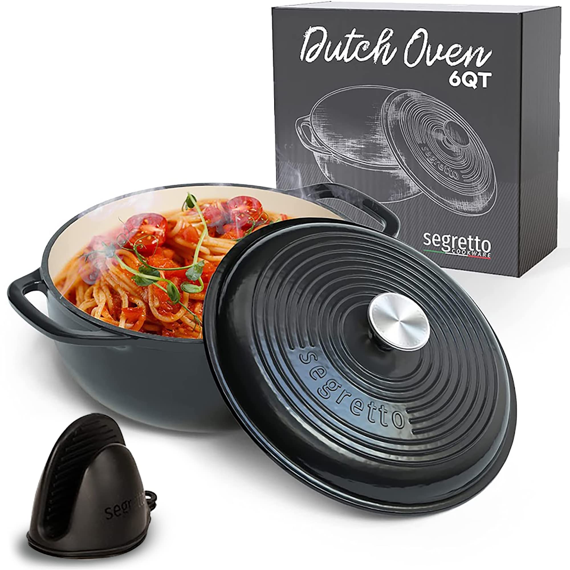 Segretto Cookware Enameled Cast Iron Dutch Oven With Handle, 6 Quarts, Nero (Black) Enameled Cast Iron Dutch Oven 6Qt | Dutch Ov