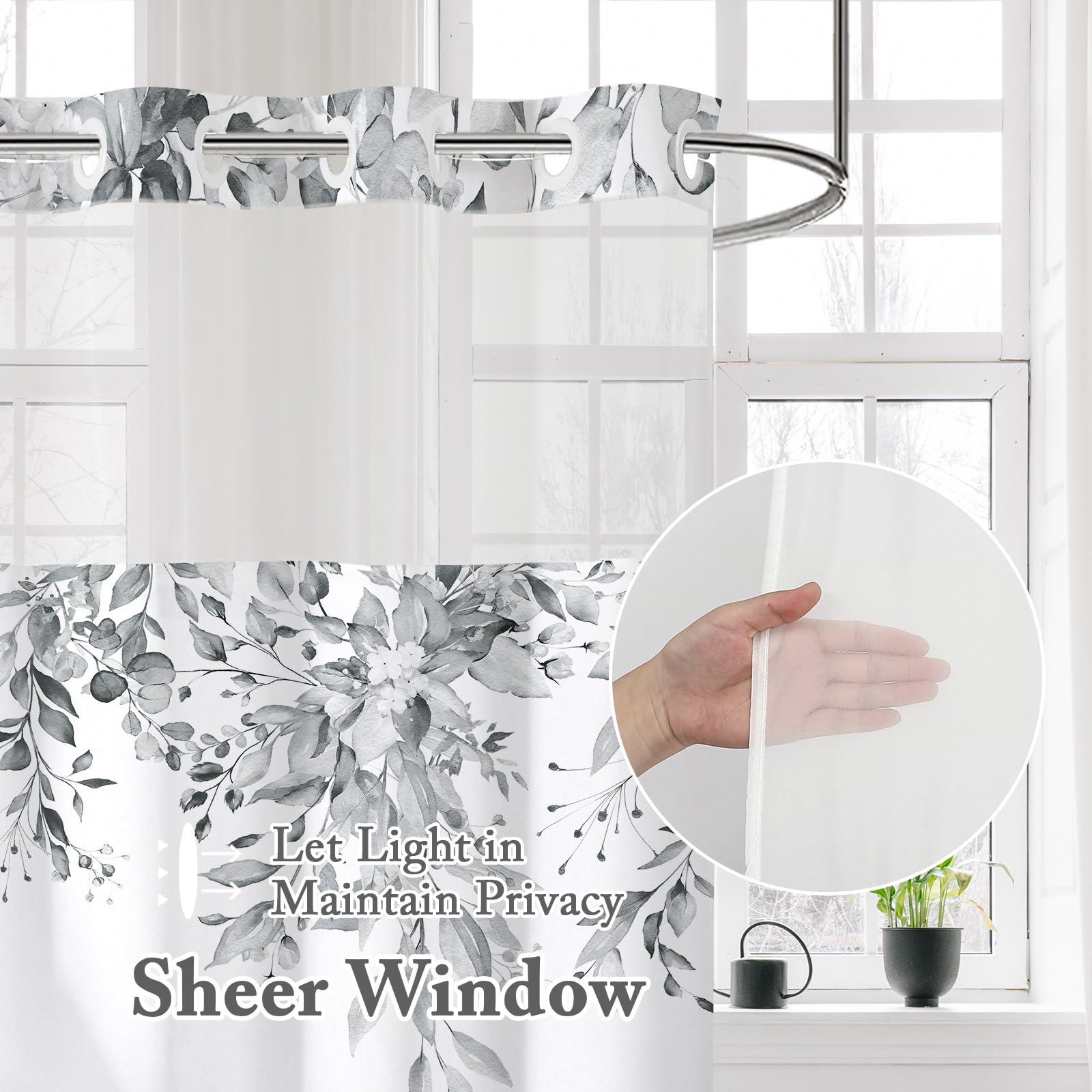 Gibelle Extra Long No Hook Shower Curtain With Snap-In Fabric Liner Set - 72'' X 86''(84''), Hotel Style Grey Eucalyptus Leaves