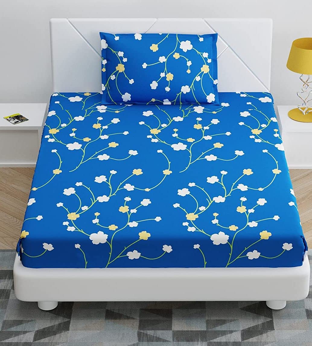 Kawi Single Bedsheet Elastic Fitted Geometric 72X48X6 Inches Glace Cotton With 1 Pillow Cover (72X 48Xup To 8 Inche Mattress) Li