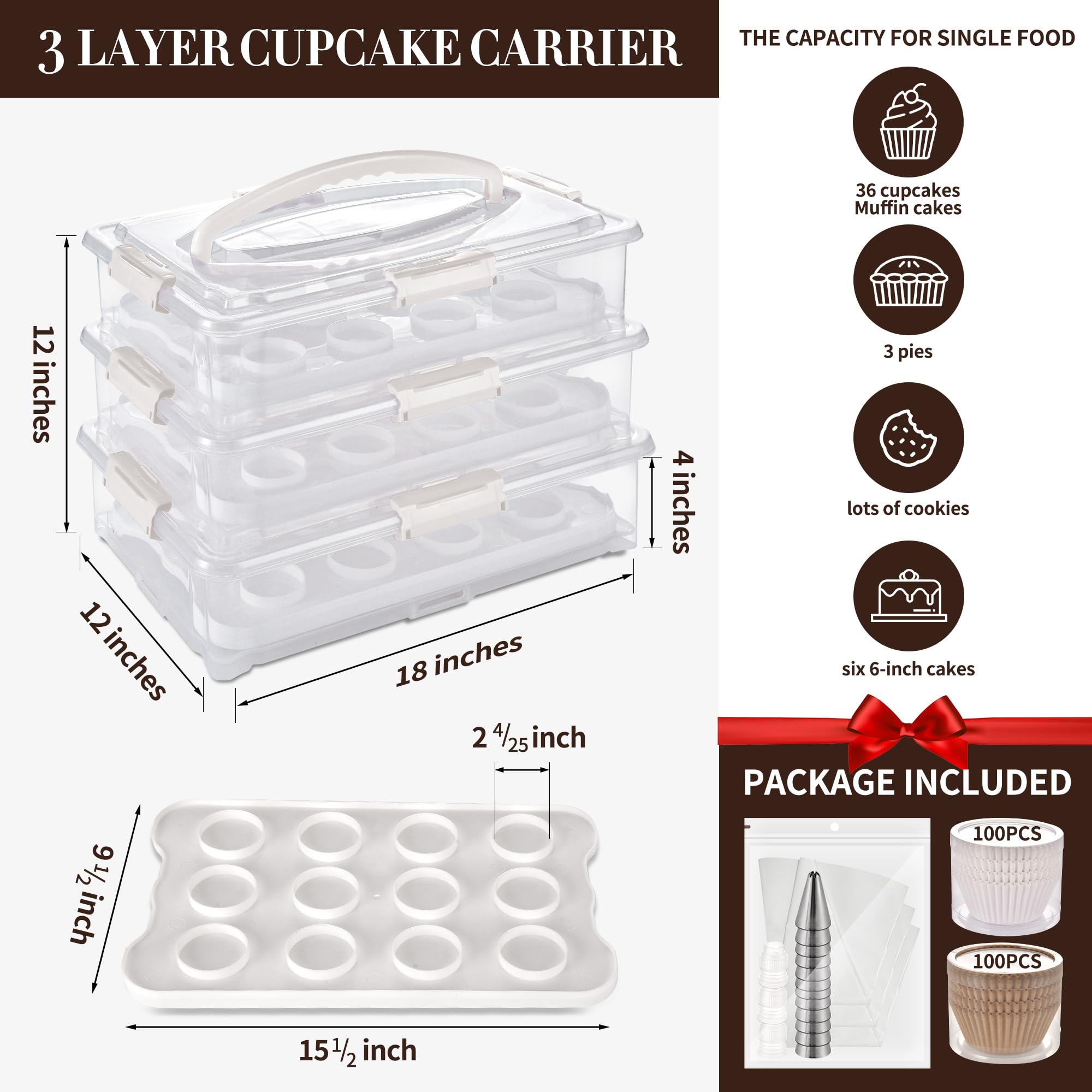 Arc 3-Tiers Cupcake Carrier (White) - Cupcake Holder And Cake Transport Container That Holds Up To 36 Cupcakes Or 3 Large Cakes