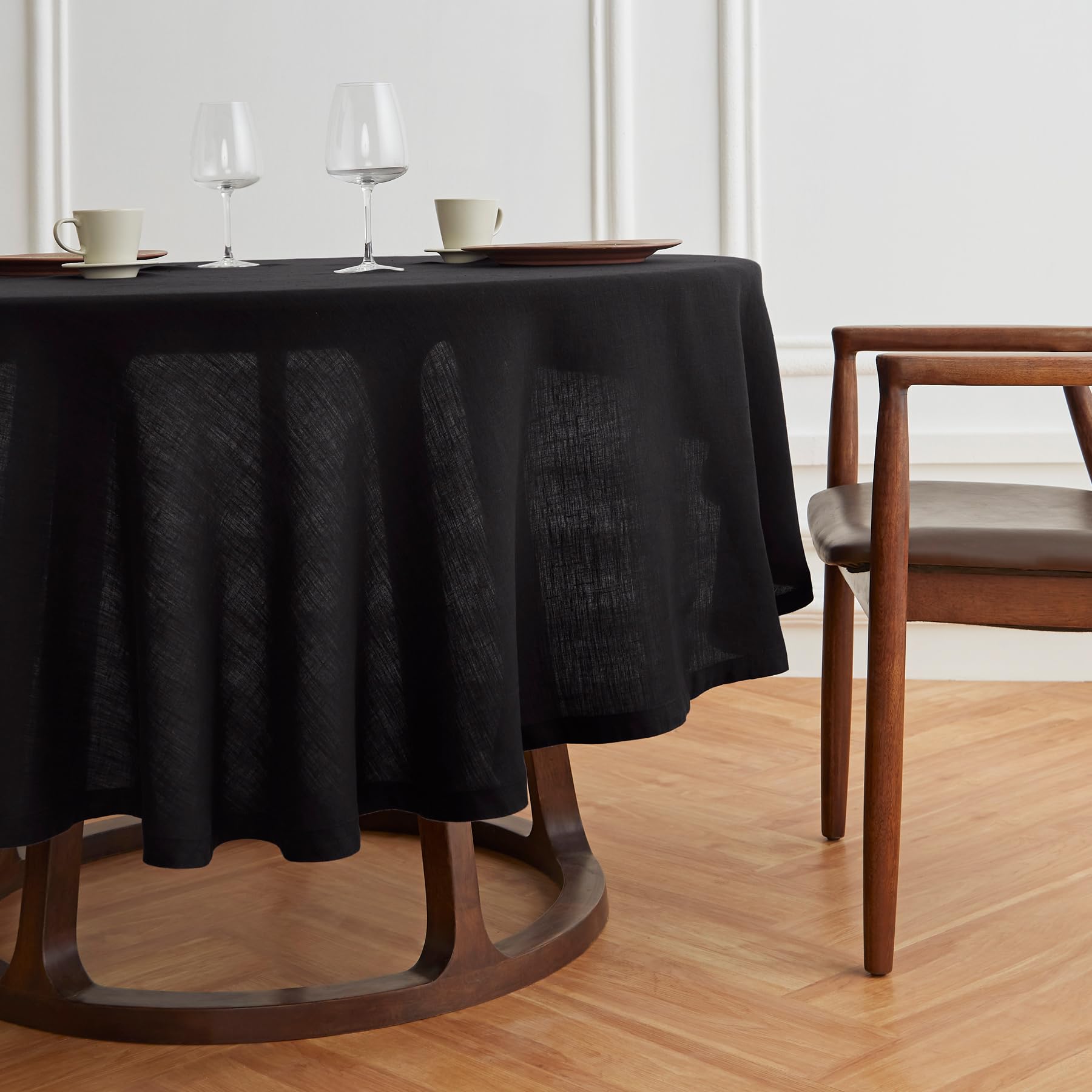 Solino Home Black Linen Round Tablecloth 60 Inch Diameter - Sonoma, 100% Pure Linen Prewashed Table Cloth - Machine Washable Tab