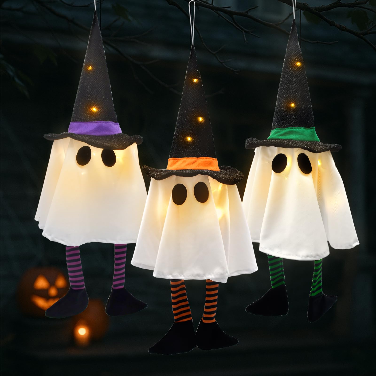 3 Pack Halloween Hanging Ghost Lights with Glitter Hats, Battery Powered Halloween Decorations Outdoor Indoor, LED Floating Ghos
