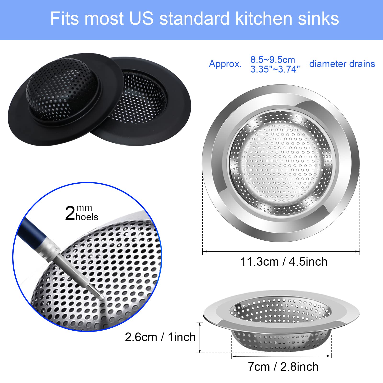 Kitchen Sink Drain Strainer, 4 Pack Stainless Steel And Black Mesh Sink Strainer For Kitchen With Large Wide Rim 4.5'' Diameter,