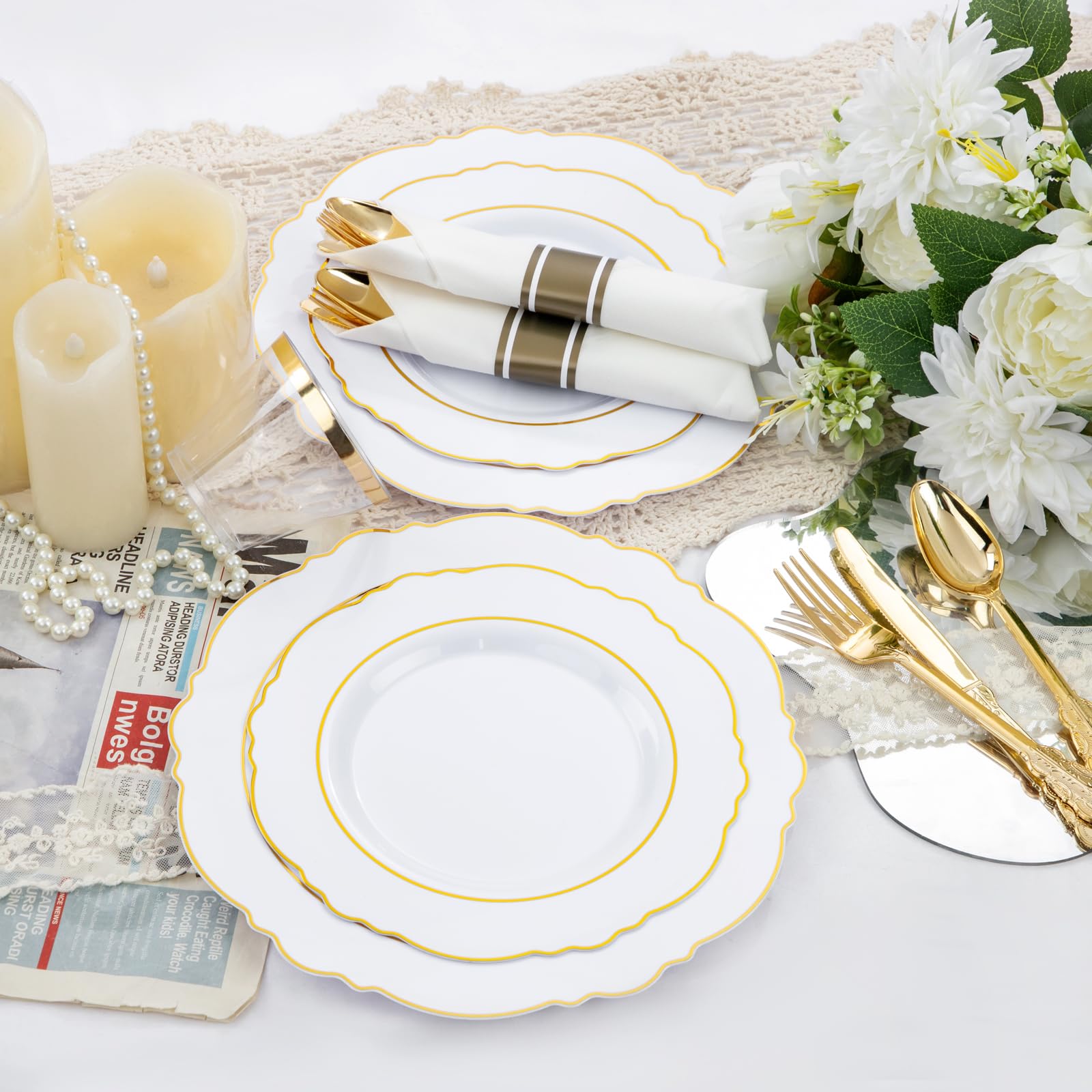 Liacere 350Pcs Gold Plastic Plates-Disposable White And Gold Plates 50Guest Baroque Plastic Dinnerware Include 100Plates, 50Pack
