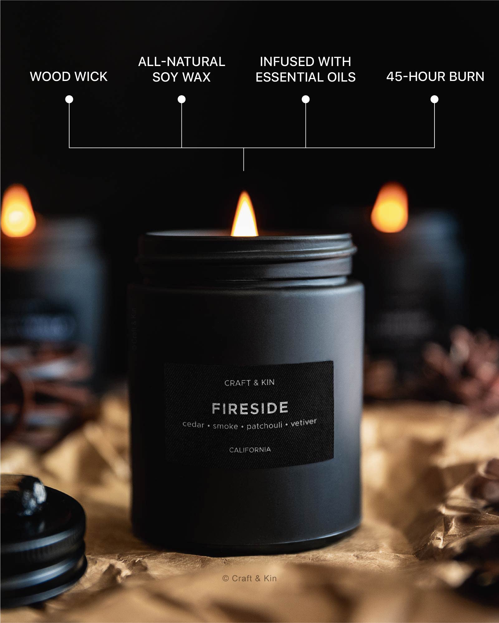 Craft & Kin Smokey Fireside Candle | Scented Candle for Men | Soy Candles | Masculine Candle | Wood Wicked Candles | Aromatherap
