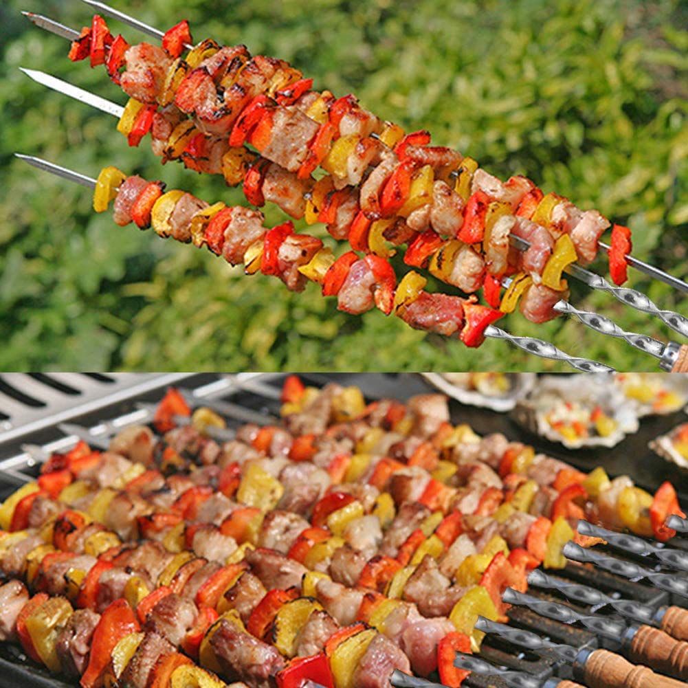 Amestar BBQ Kabob Skewers - 12 Pack Heavy Duty 23.5" Stainless Steel with Wooden Handle for Shish Kebab, Chicken, Shrimp, and Vegetables