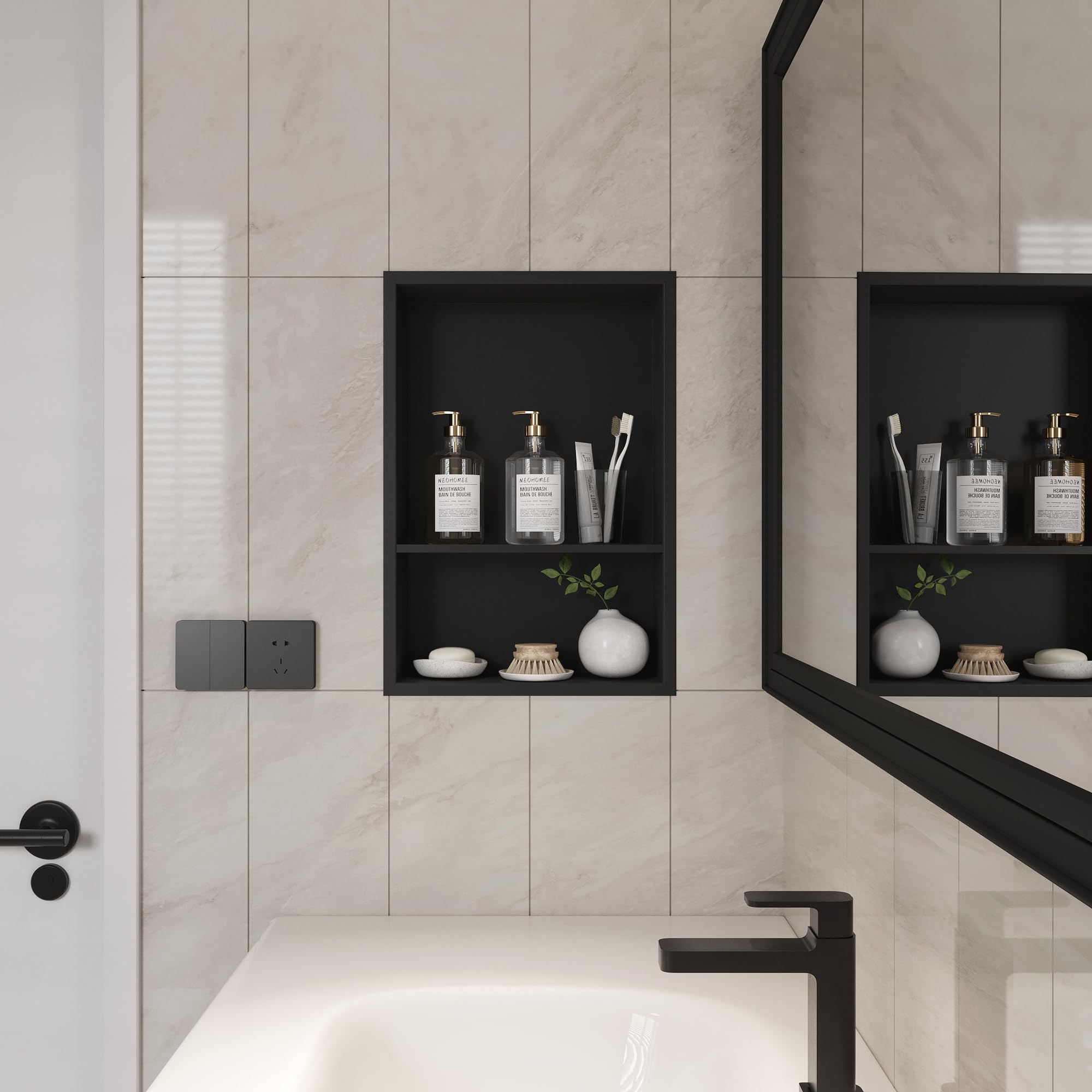 Neodrain 12X18 Inch Matte Black Double Shelf Stainless Steel Shower Niche, No Tile Needed Bathroom Niche, Two Layer Recessed Bui