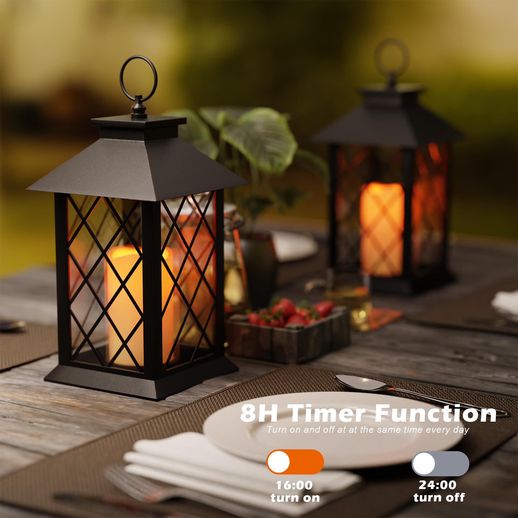 AFINETH 13.4 Lanterns Decorative Indoor, Black Lantern Decor with Timer Flickering Candle, Diamond-shaped Outdoor Lanterns, Wate