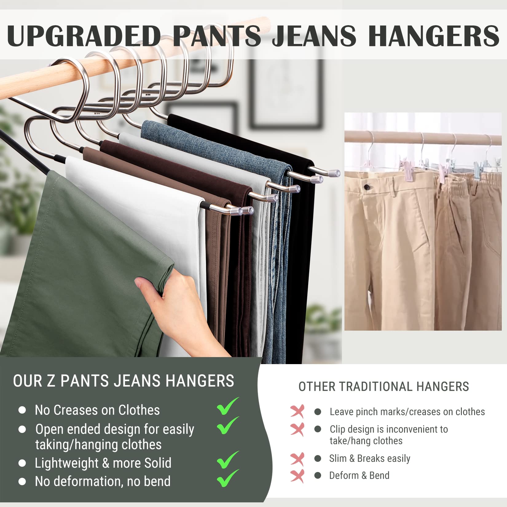 DOIOWN Open Ended Pants Hangers  Stainless Steel Pants Jean Hangers 8mm Thick  Multifunctional Non-Slip Hangers for Heavy Pants  Jeans  Trousers  Scarf  Space-Saving Clothes Hangers for Women and Men