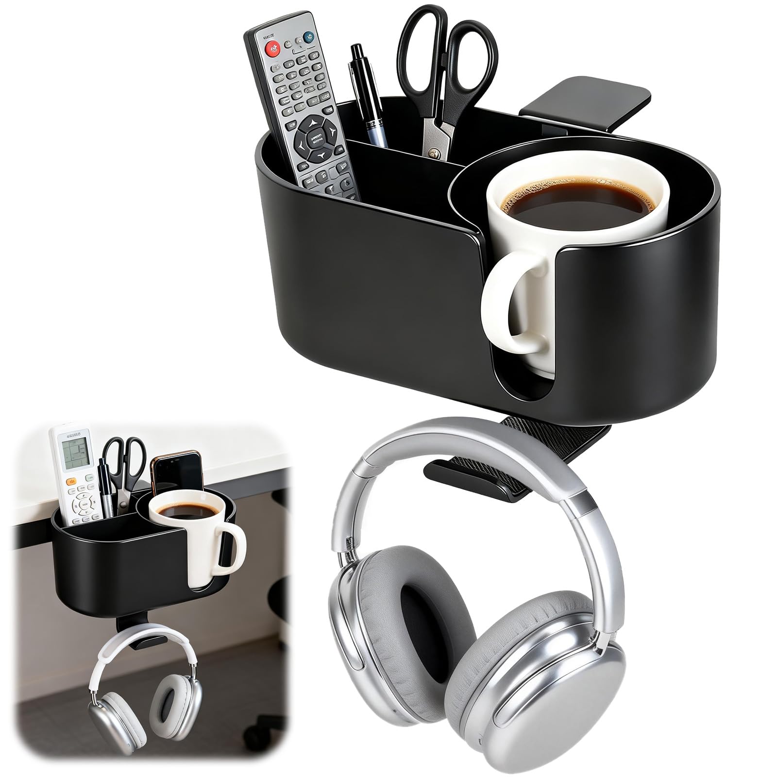 4 in 1 Desk Cup Holder Clamp on Under Desk Headphone Detachable Pen Cup Holder Hanger Caddy Organizer for Office Table, Lawn Cha