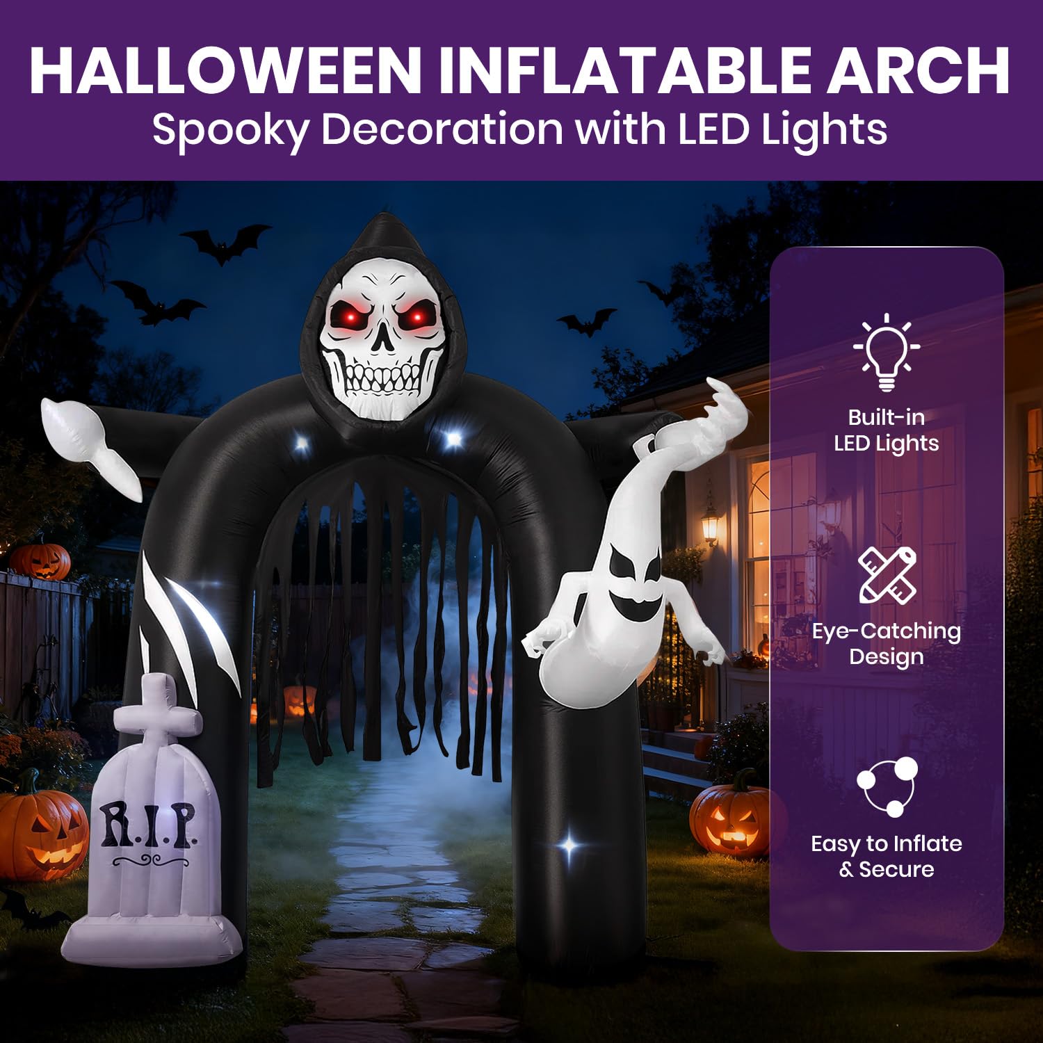 GVDV 10FT Halloween Inflatables Outdoor Decorations, Lighted Blow Up Archway with Ghosts, Pumpkins & LED Lights, Spooky Yard Law