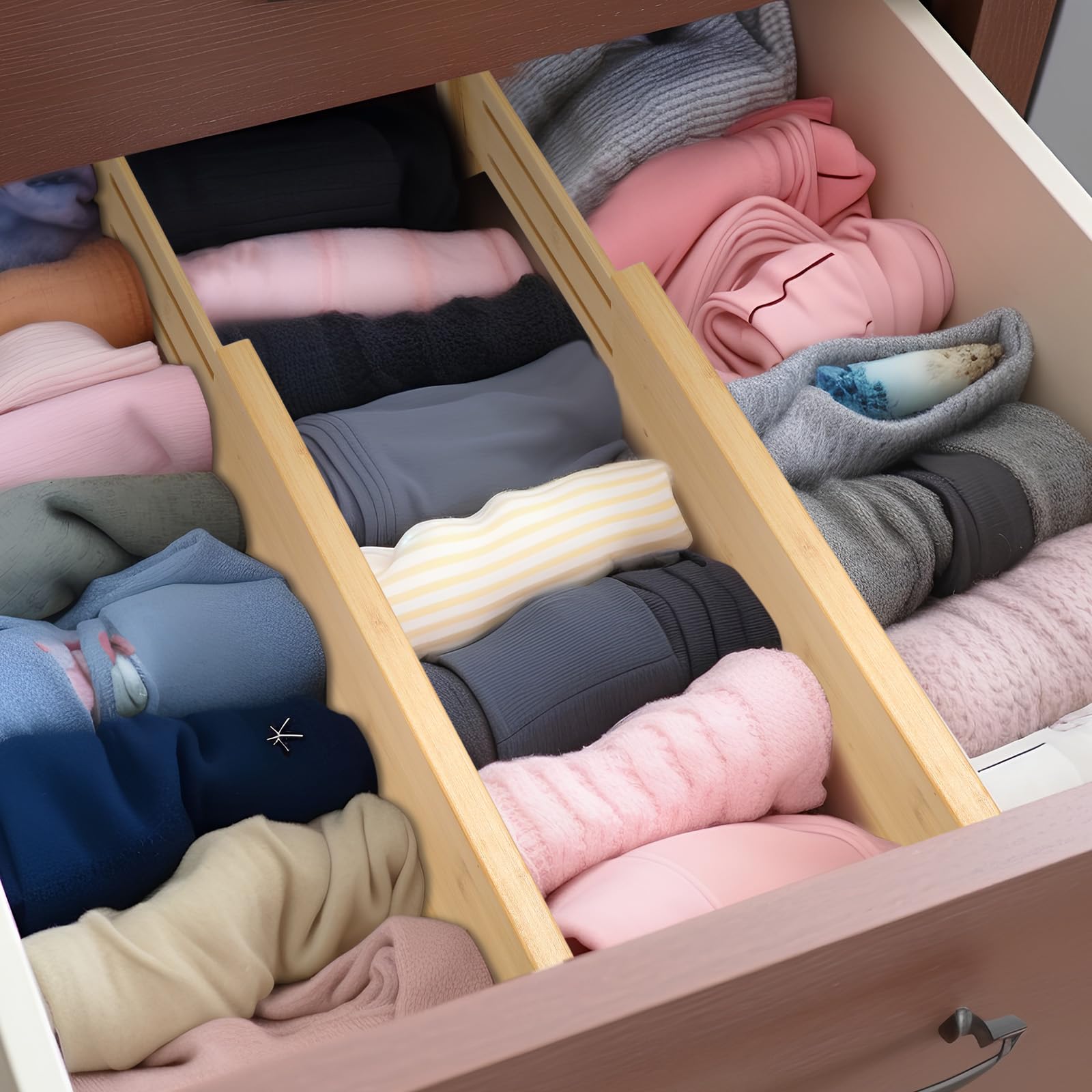 Fabsome Dresser Drawer Organizers 6 Pack, 4.65'' High Adjustable from 12.5-17 Bamboo Drawer Dividers for Clothing Baby Clothes,