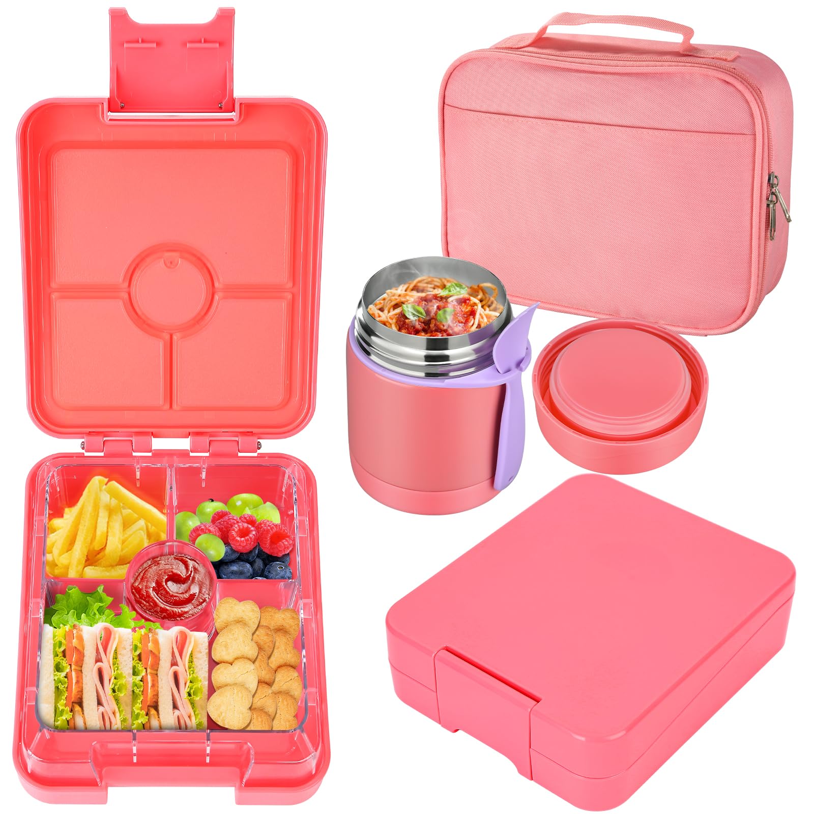 Bento Lunch Box Set for Kids with 10oz Soup Thermo, Leak-Proof Lunch Containers with 4 Compartment, Kids Thermo Hot Food Jar and