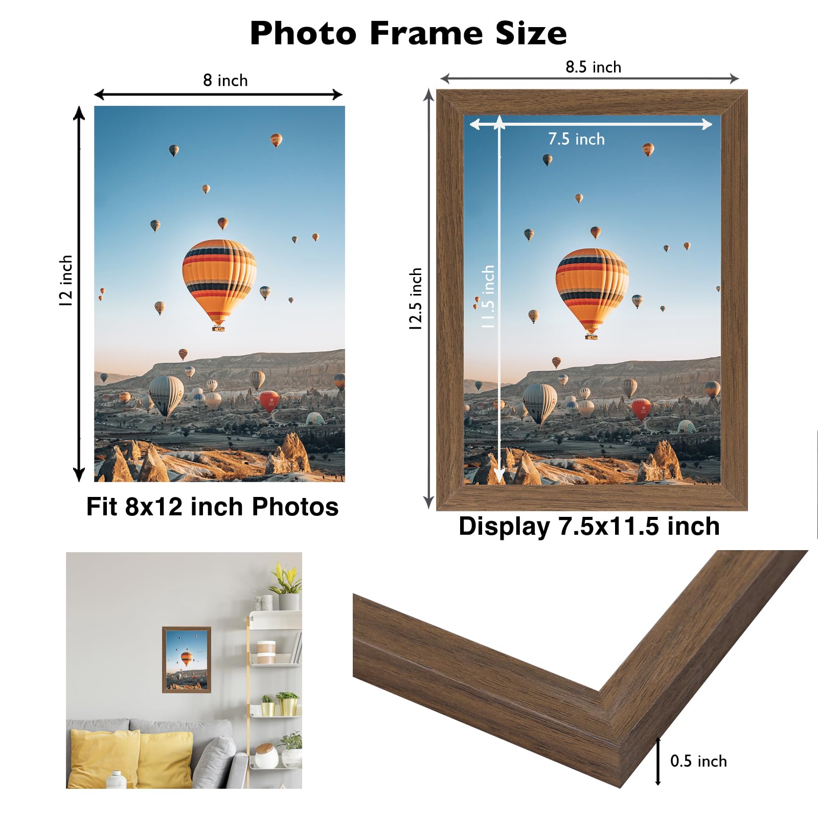 JCJMY 8x12 Picture Frame Brown for Wall Hanging or Tabletop, Wall Mounting Horizontally or Vertically, 8 x 12 Wall Gallery Poste