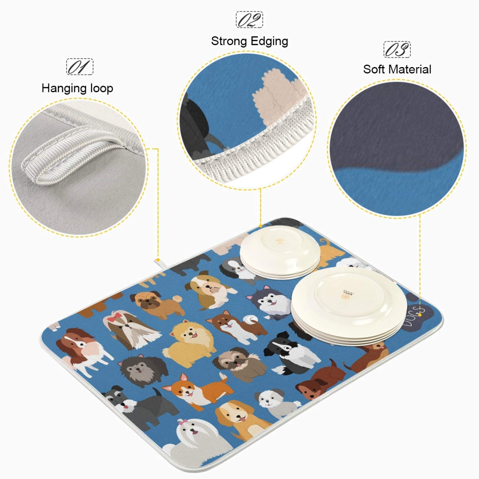Blue Puppy Dogs Dish Drying Mat For Kitchen Counter 18X24 In Cute Animal Microfiber Drying Mats Absorbent Reversible Dish Pad La