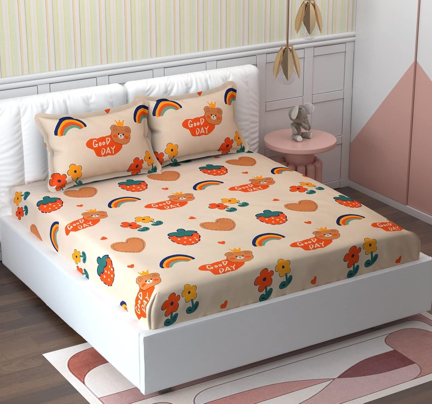 Tript Elastic Fitted Glace Cotton King Size (78x72 inches Upto 6 Inches) bedsheet for Kids with 2 Pillow Covers  200TC Orange R