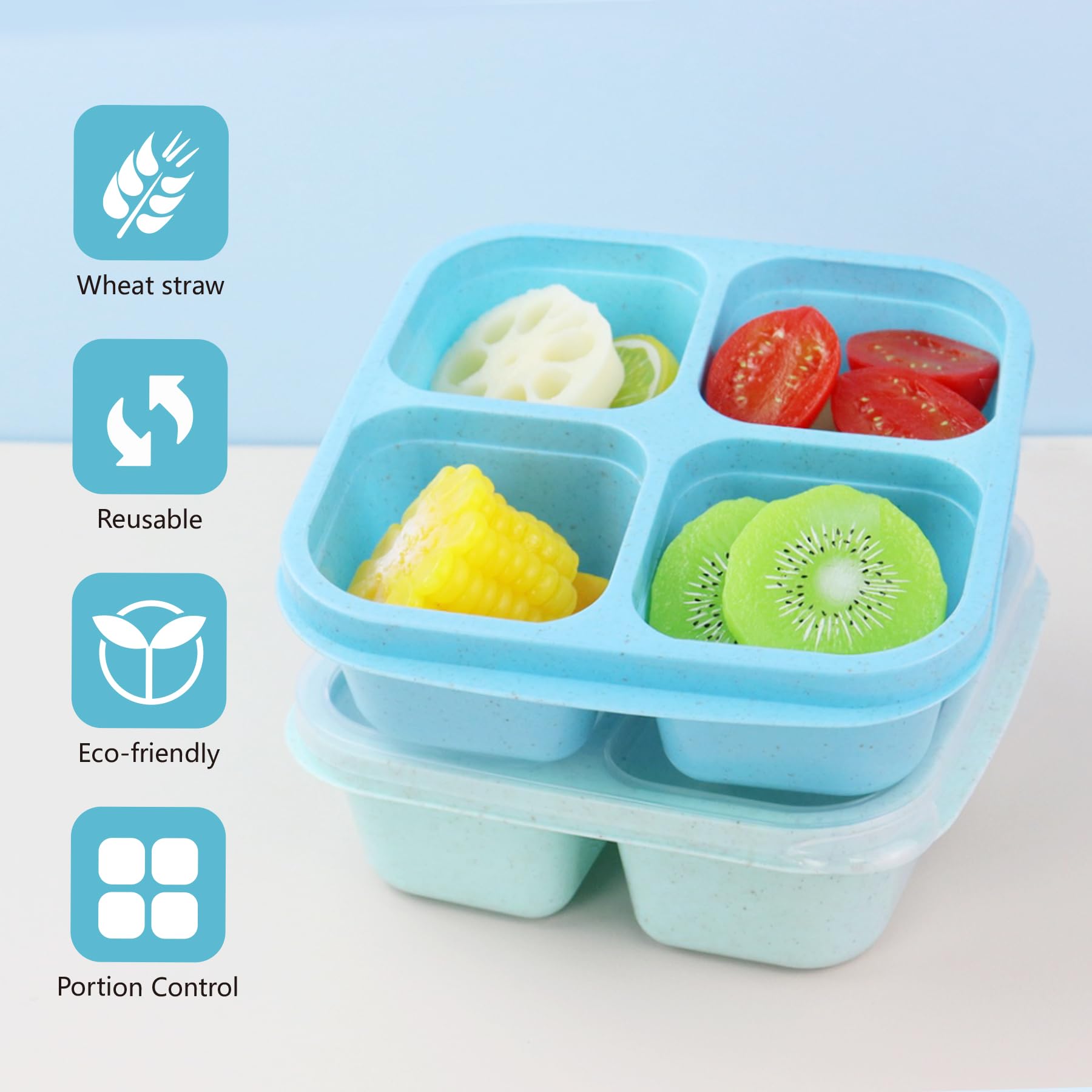 Finorder 3 Pack Wheat Straw Containers, 4 Compartment Reusable Snack Bento Box Toddler, Meal Prep Lunch Box Containers For Kids