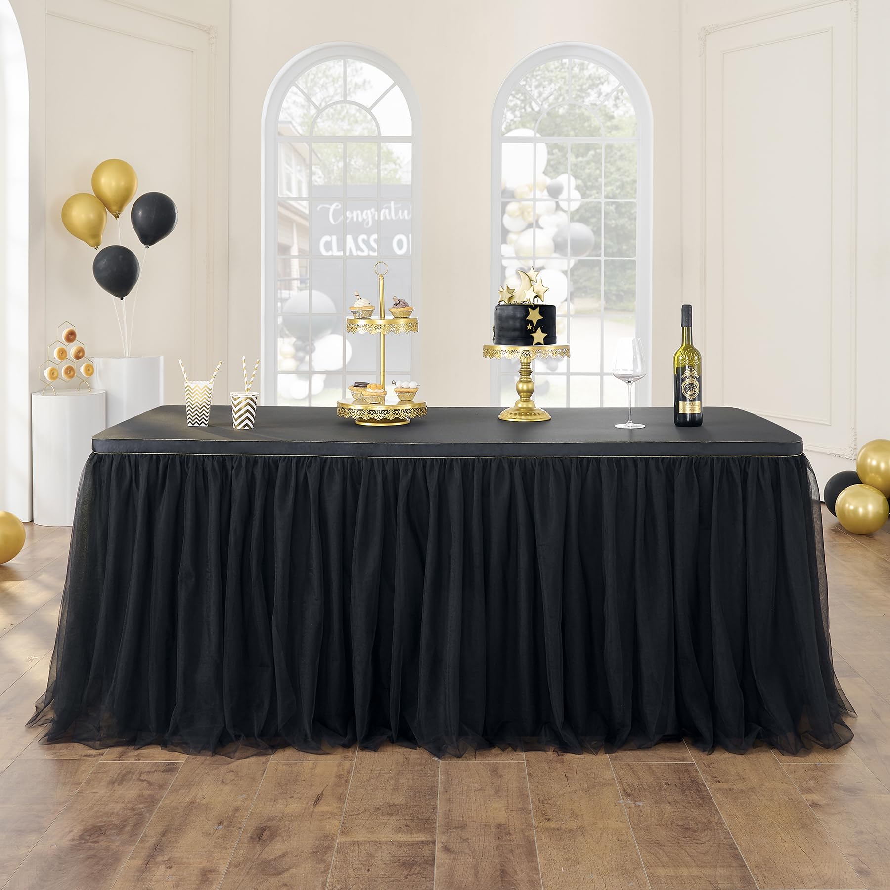 72in Black Tulle Table Skirts for Rectangle Tables 4/6ft, 2-Layer Gold Grim Ruffle Tulle Tutu Cloth Table Skirt 6ft Long Decor B