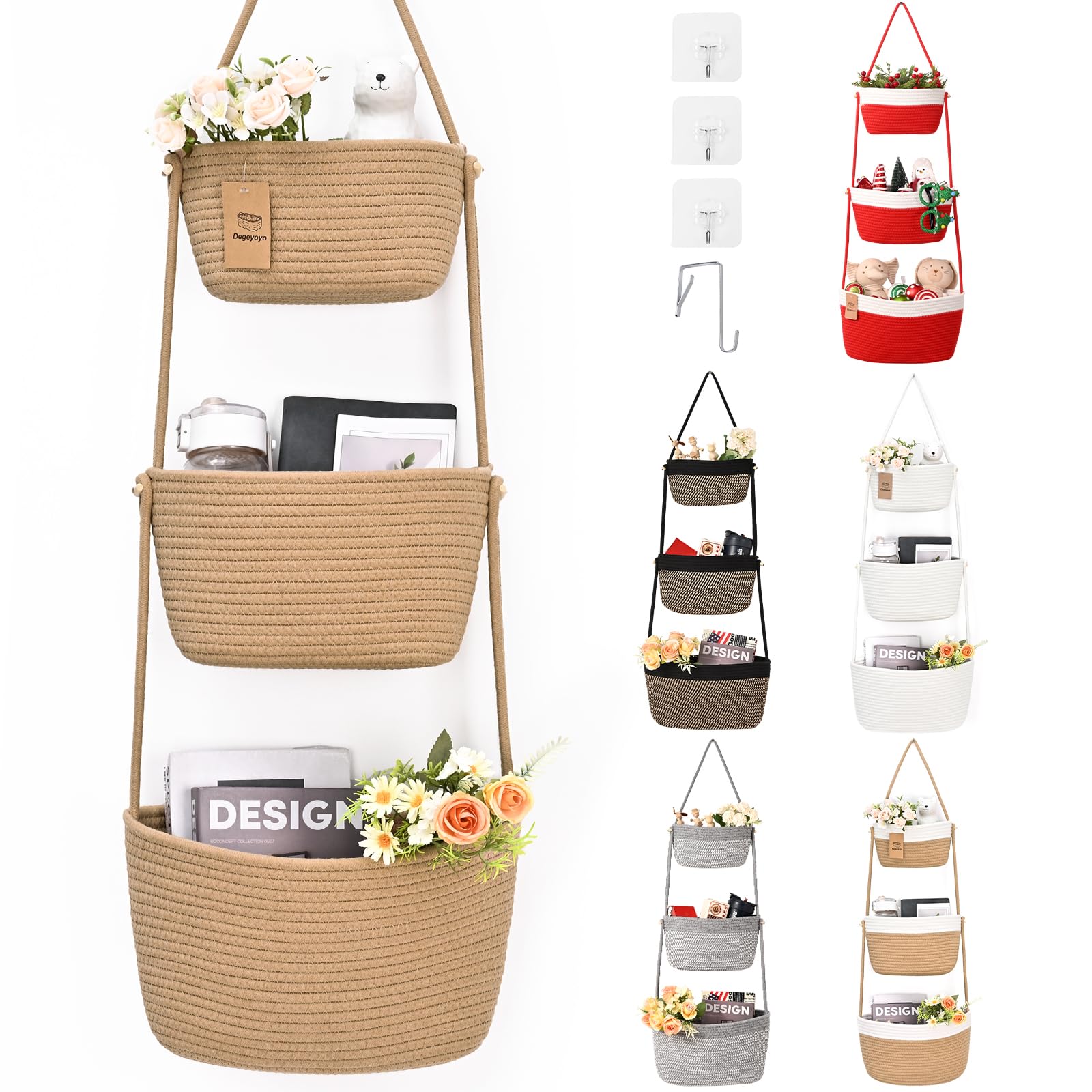 Degeyoyo Hanging Basket, 3Tier Woven Wall Basket with 4 Hooks, Cotton Rope Storage Baskets, Over the Door Organizer for Nursery