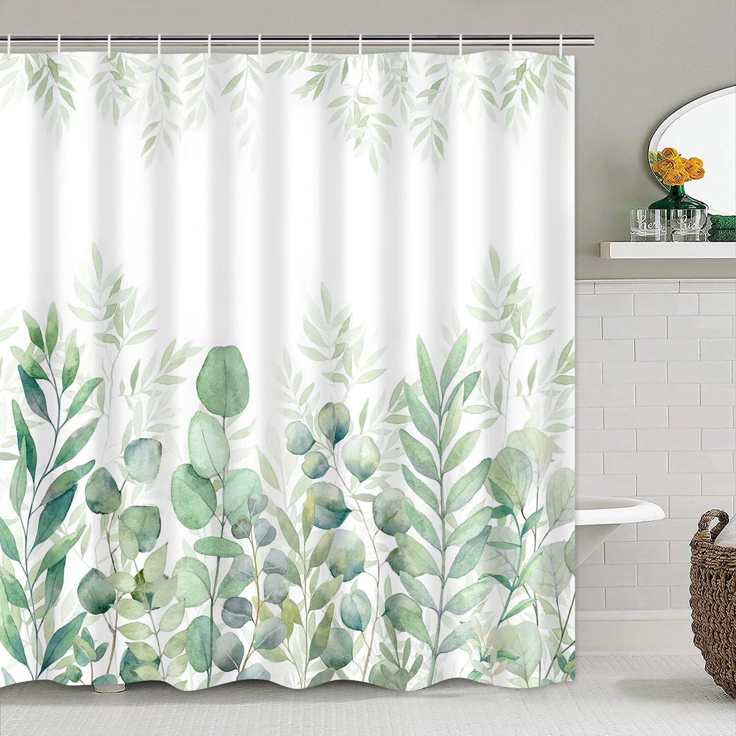 Ddqq Green Leaves Shower Curtain Sets With Non-Slip Rug, Toilet Lid Cover And Bath Mat, Plant Leaves Shower Curtain Sets With 12