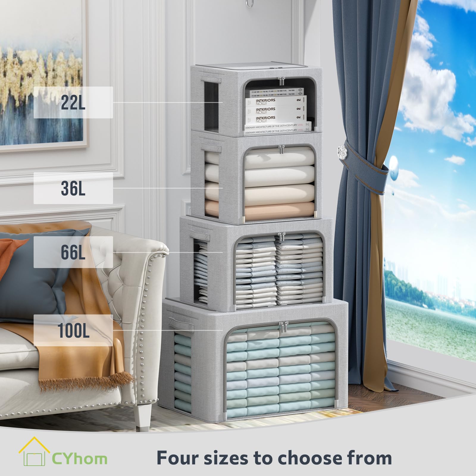 2Pack Extra Large Clothes Storage Bins Box - Linen Fabric Foldable Stackable Container Organizer Set with Clear Window & Carry H