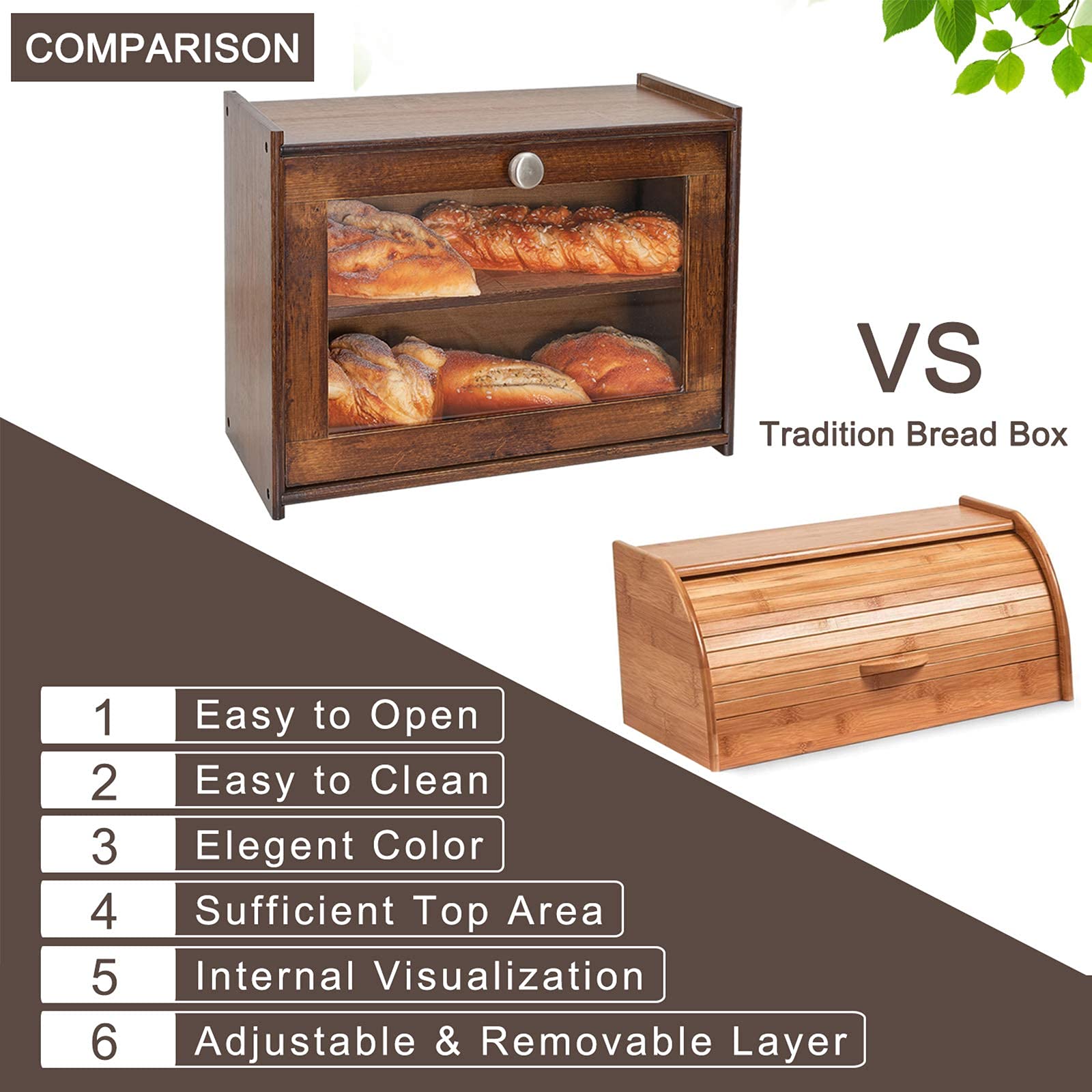 Worthyeah Bamboo Bread Box For Kitchen Countertop, Wooden Bread Storage Box With Transparent Window, 2-Layer Large Capacity Brea