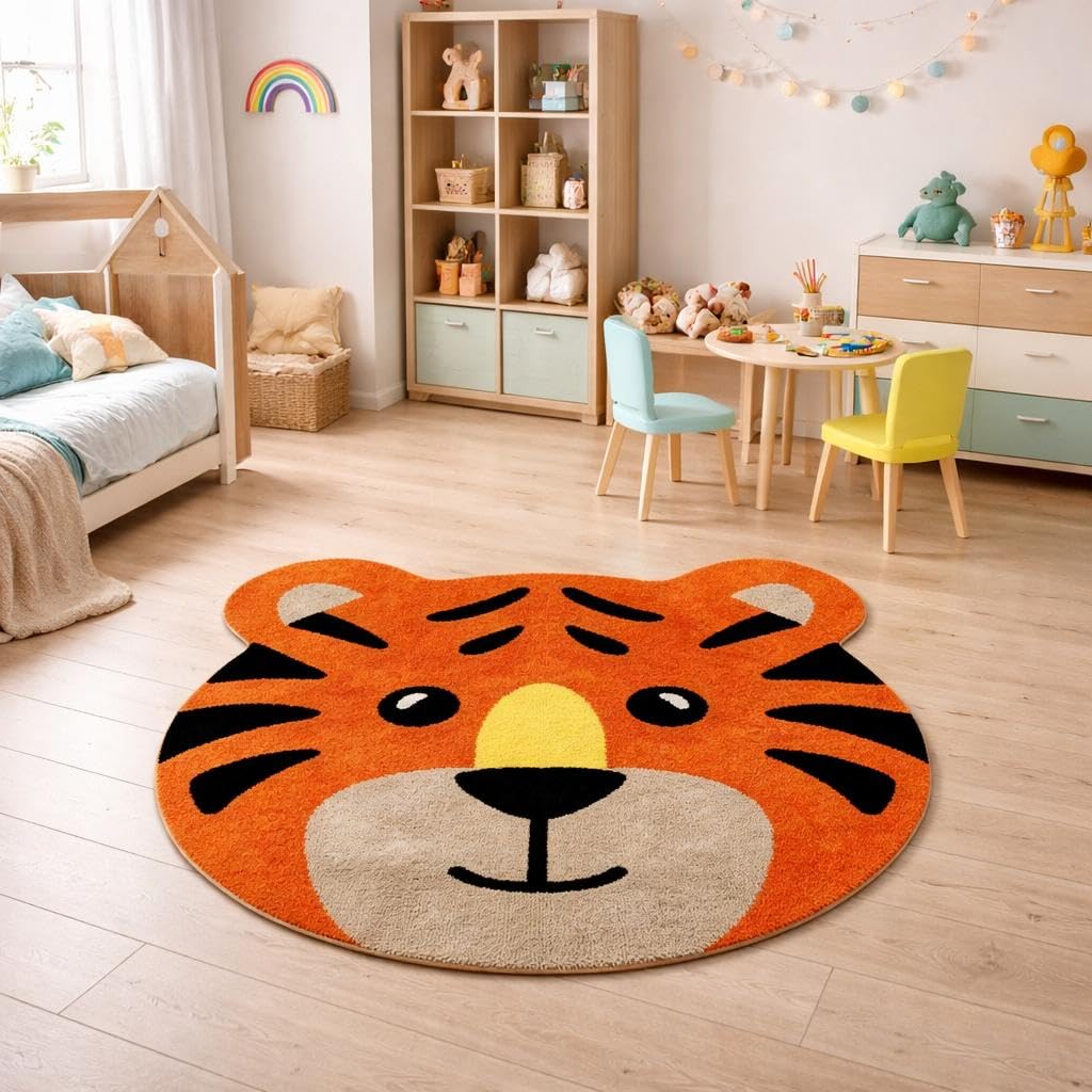 Kids Cute Cartoon Tiger Face Bath Mat, Orange Animal Shaped Rug For Children'S Room, Playroom Floor Decor Animal Shape Tiger Kid