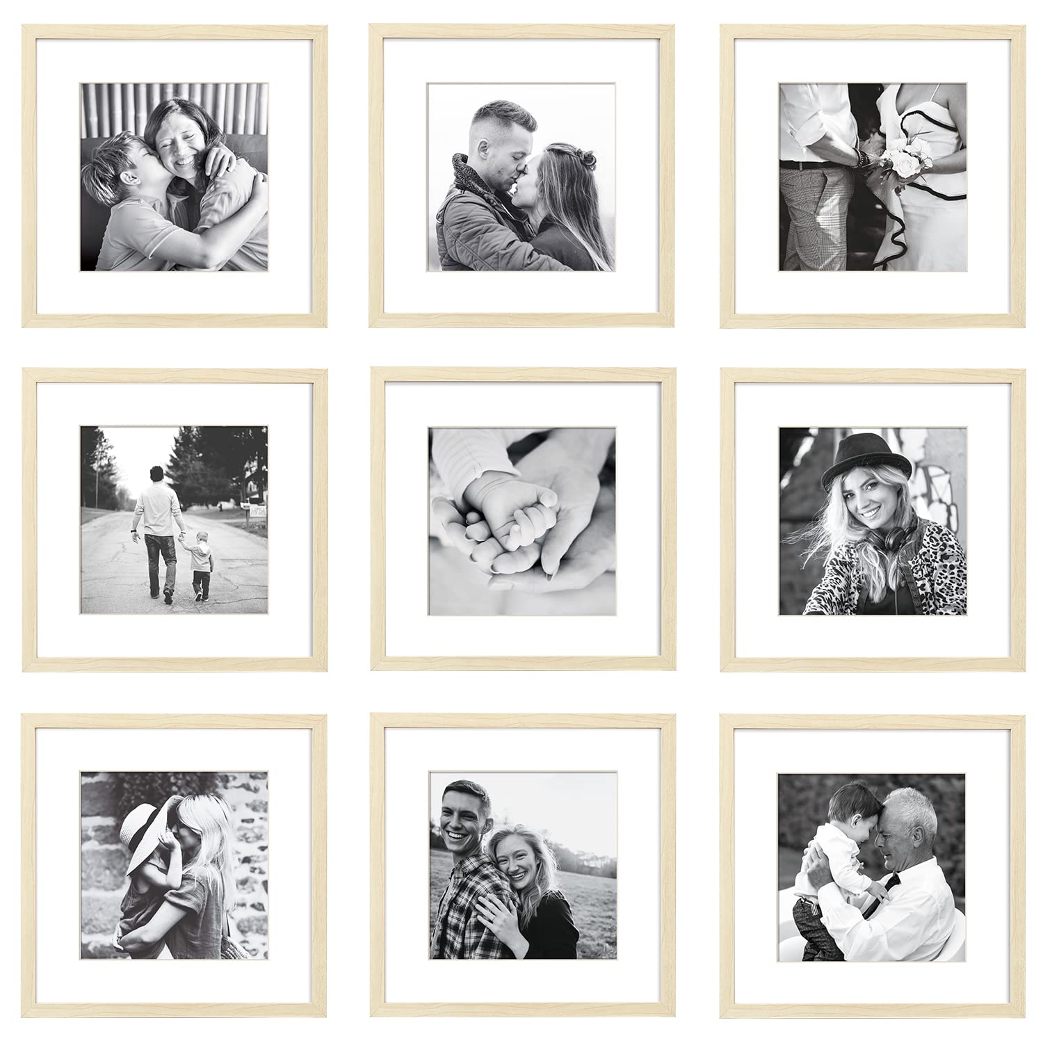 ArtbyHannah 12x12 Square Gallery Wall Frame Set for Home Decor or Wall Hanging Decoration, Matted to 8x8-9 Pack