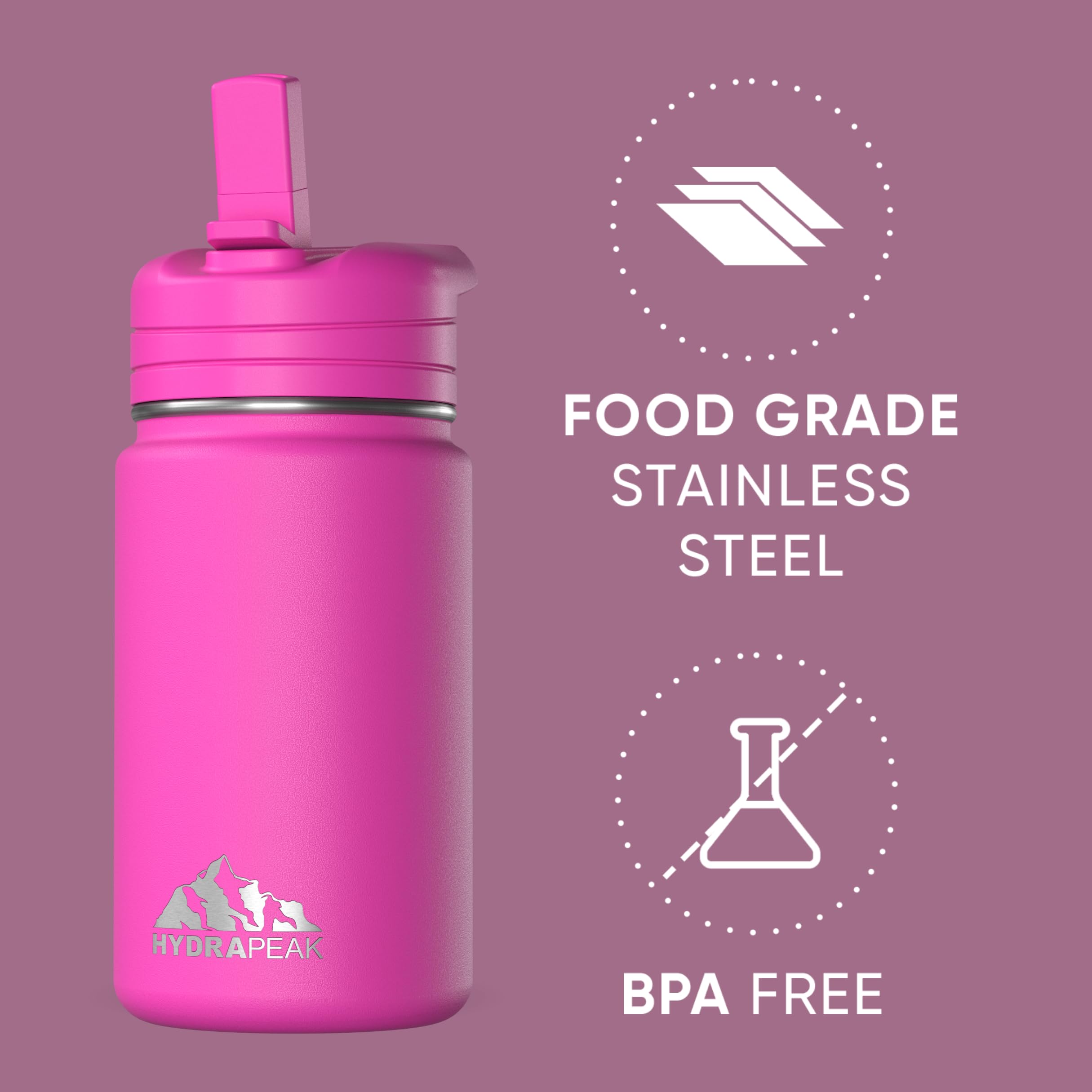 Hydrapeak Mini 14Oz Water Bottle With Straw Lid, Insulated Water Bottle, Water Bottle Stainless Steel, Water Bottles (Fuchsia)