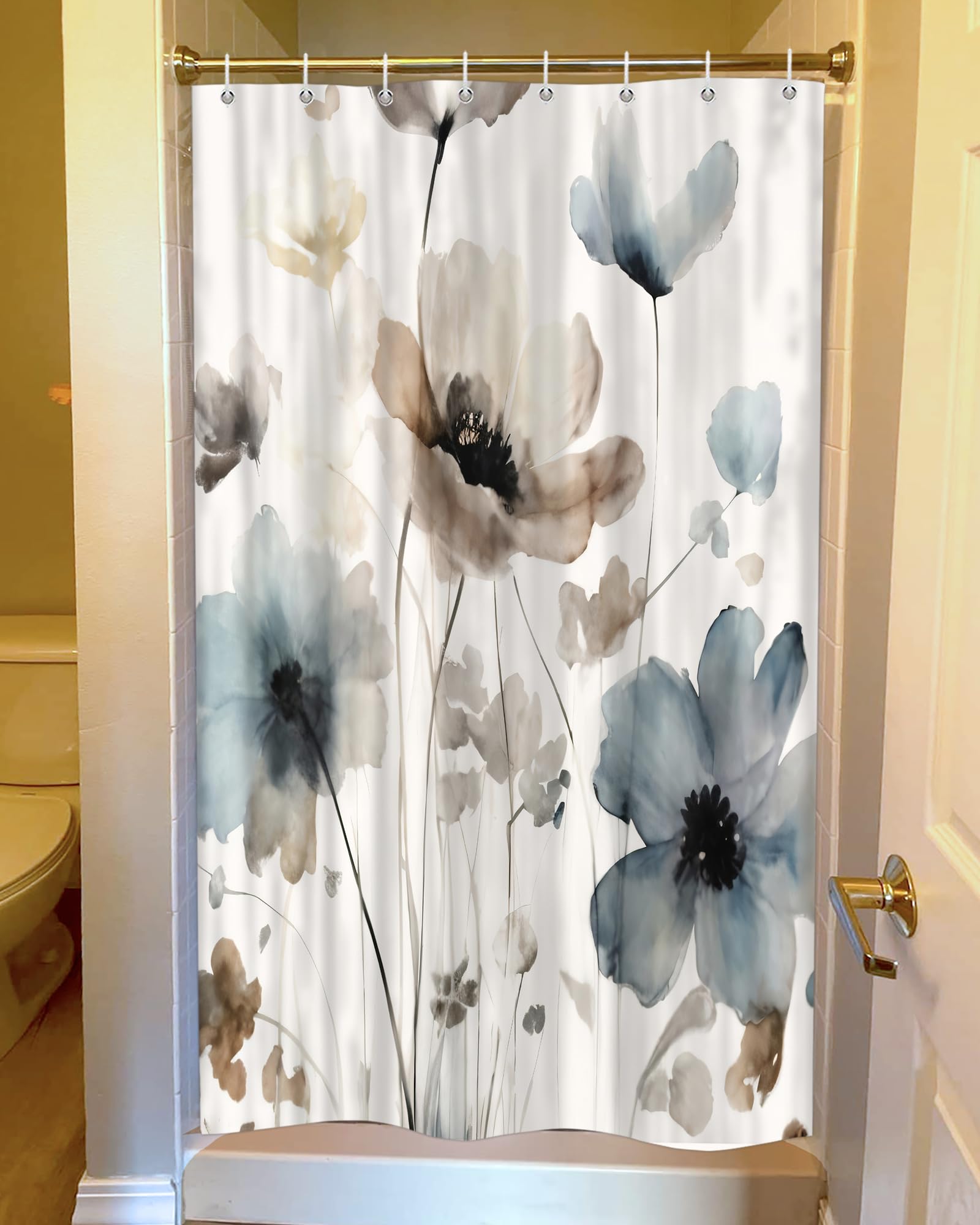 Sanzugh Boho Floral Camper Rv Shower Curtain For Travel Trailer Bathroom, Cream Tan Beige Blue Camping Small Fabric Shower Curta