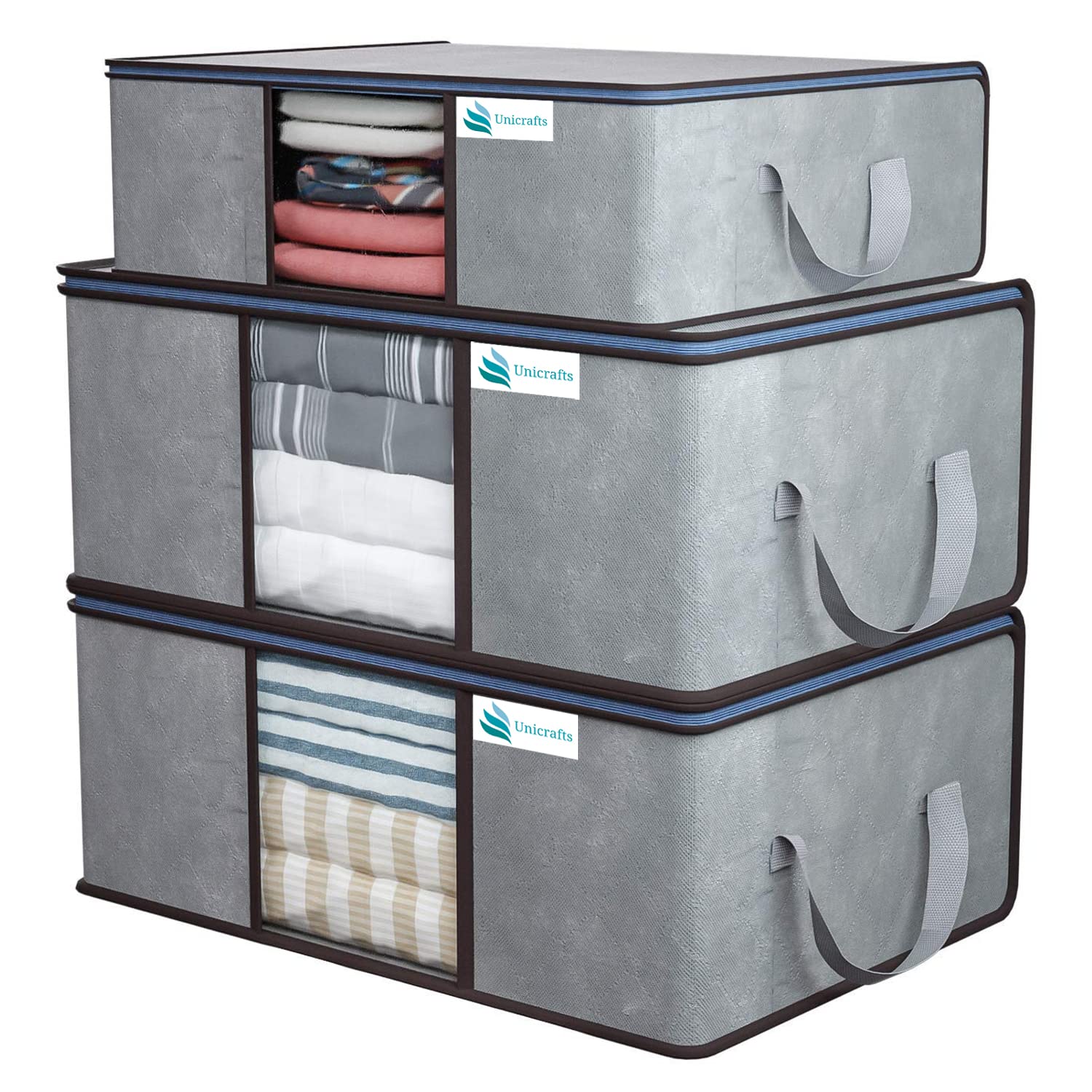 Unicraft Underbed Storage Organizer (Pack Of 3, Grey) | Foldable Clothes Storage Bags With Transparent Window & Handles | Blanke