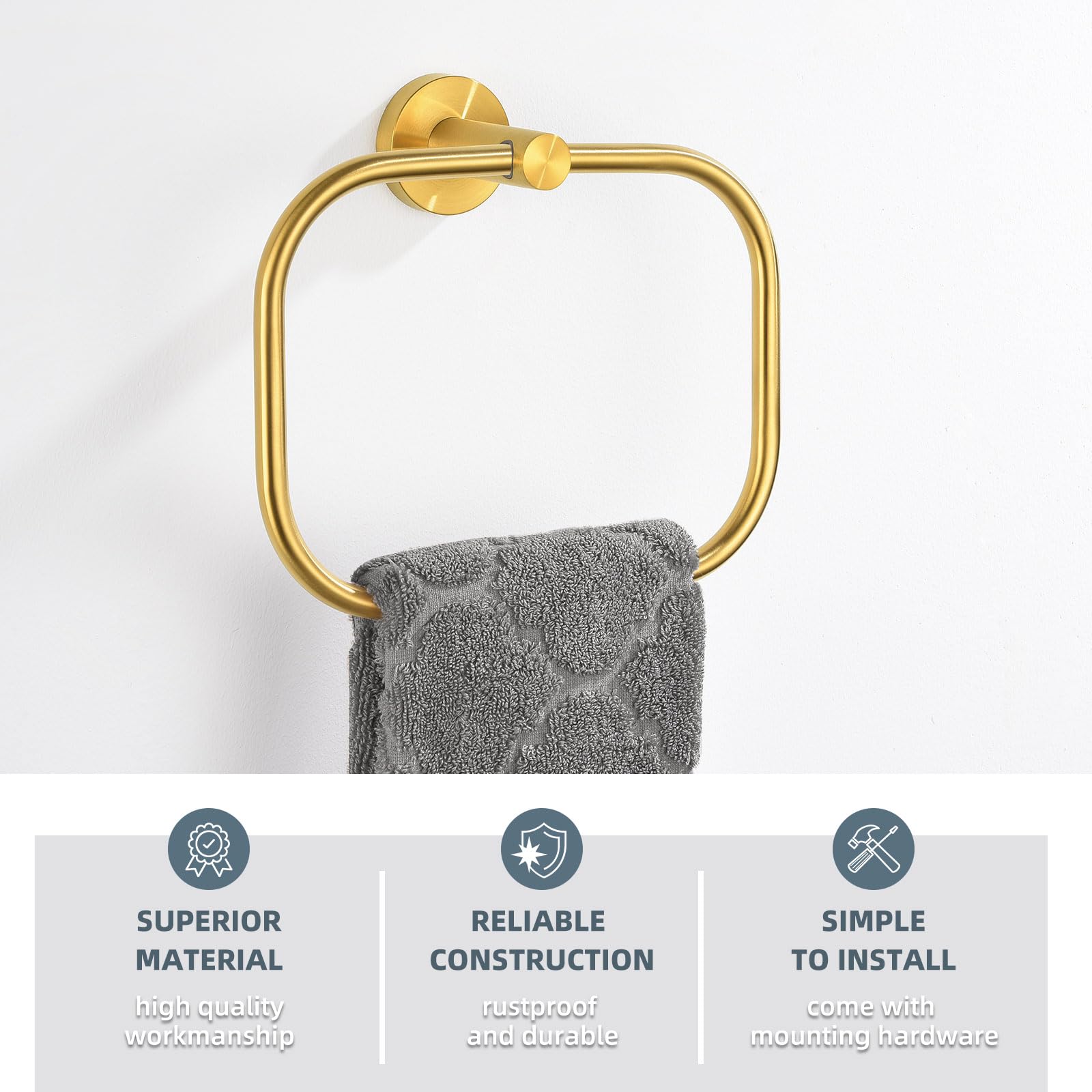 Angle Simple Swivel Towel Ring, Sus 304 Stainless Steel Hand Towel Holder Hanger For Bathroom Wall, Brushed Gold