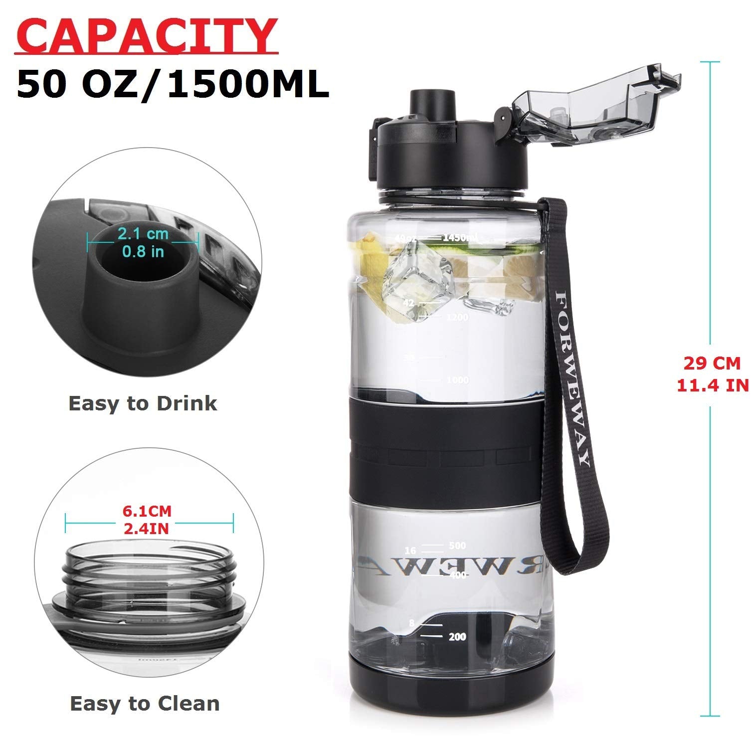 Forweway Sport Water Bottle 1.5L Large Water Jug For Outdoor Black