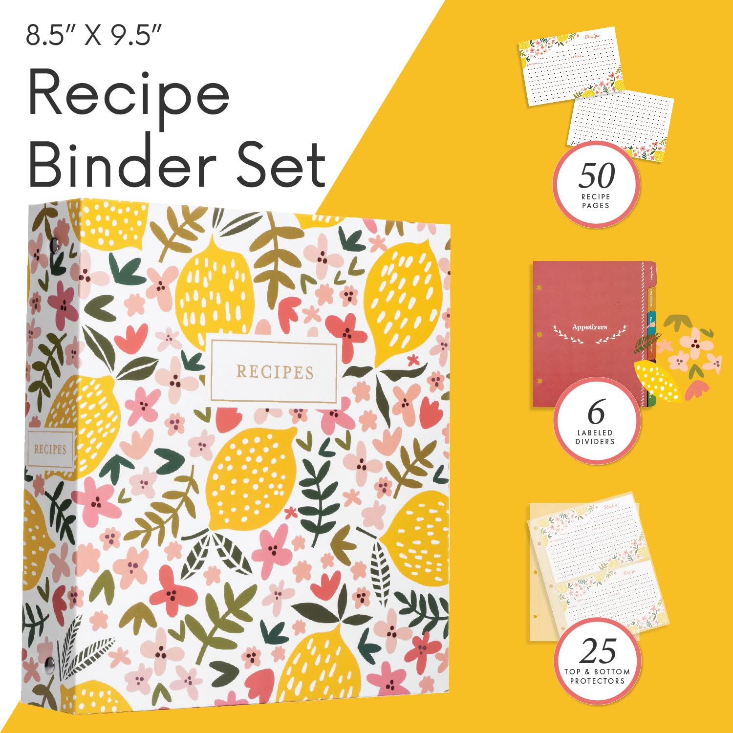Jot & Mark 3 Ring Recipe Binder with 50 Cards, 25 Sleeves, 6 Dividers, 8.5" x 9.5", Summer Citrus